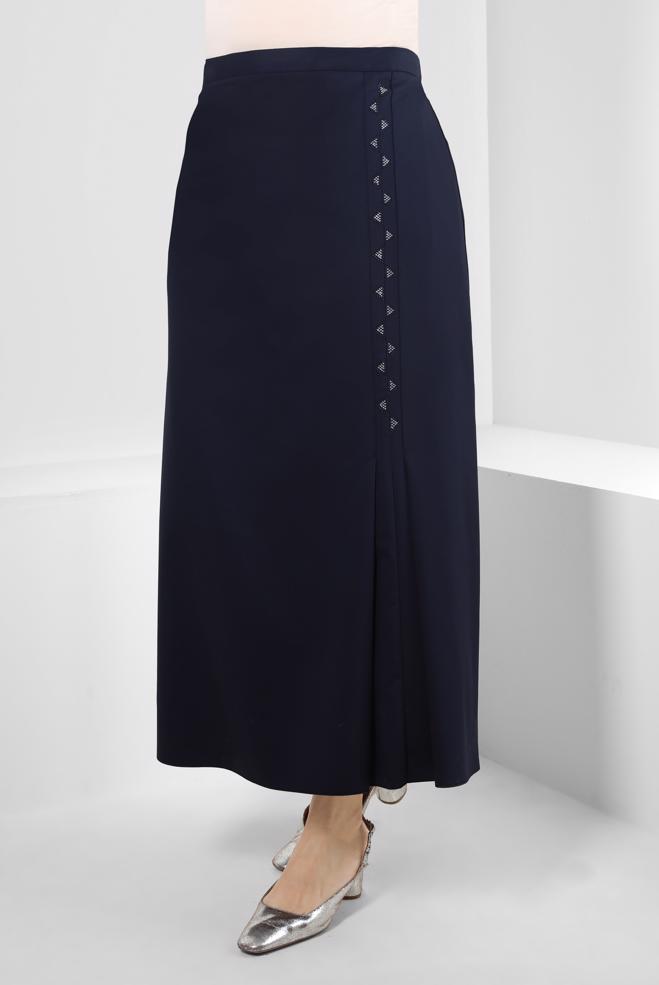 Tesettür giyim LACİVERT PİLİSE DETAYLI TAŞ BASKILI ETEK 60293 - ALVİNA