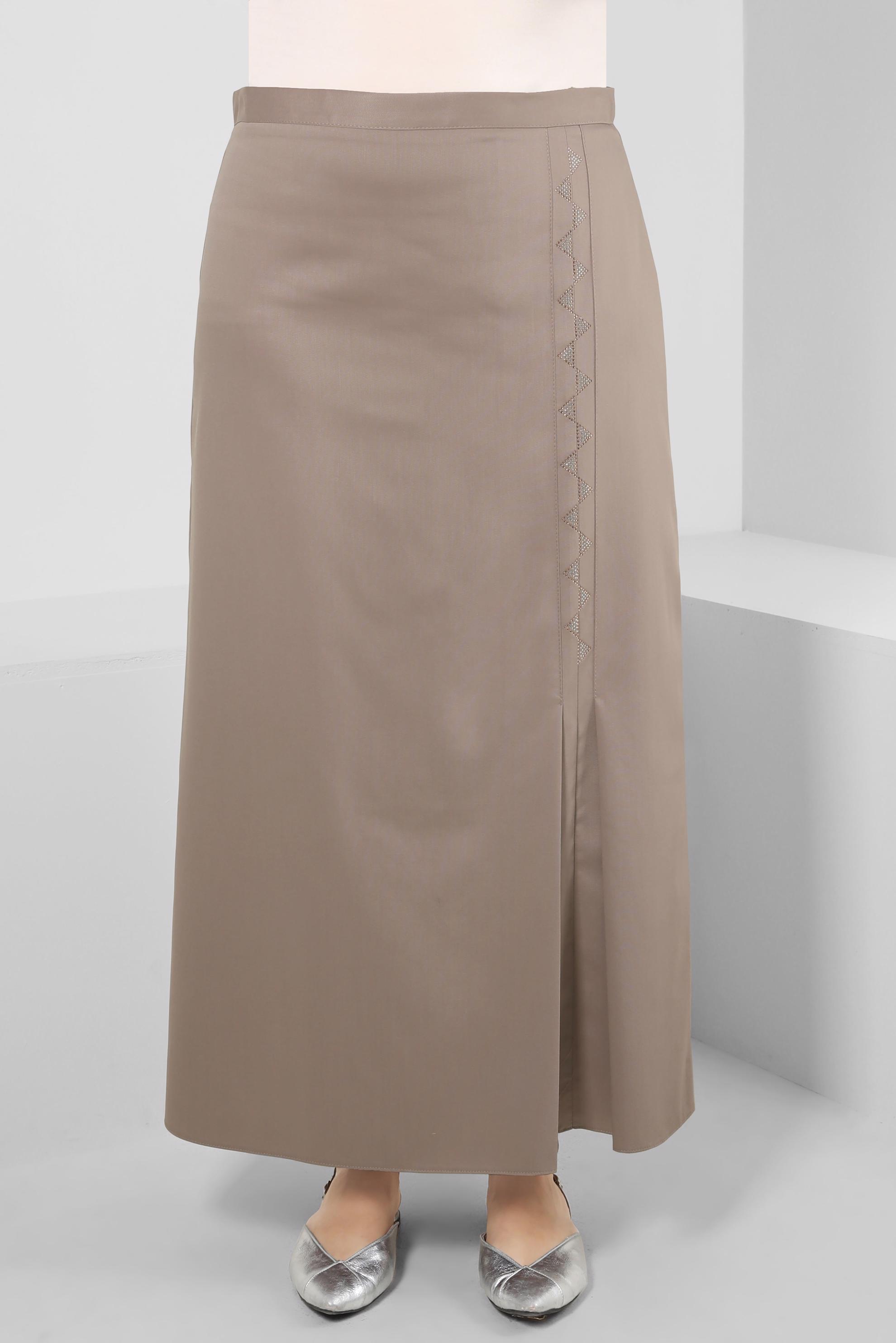 Tesettür giyim KAHVE PİLİSE DETAYLI TAŞ BASKILI ETEK 60293