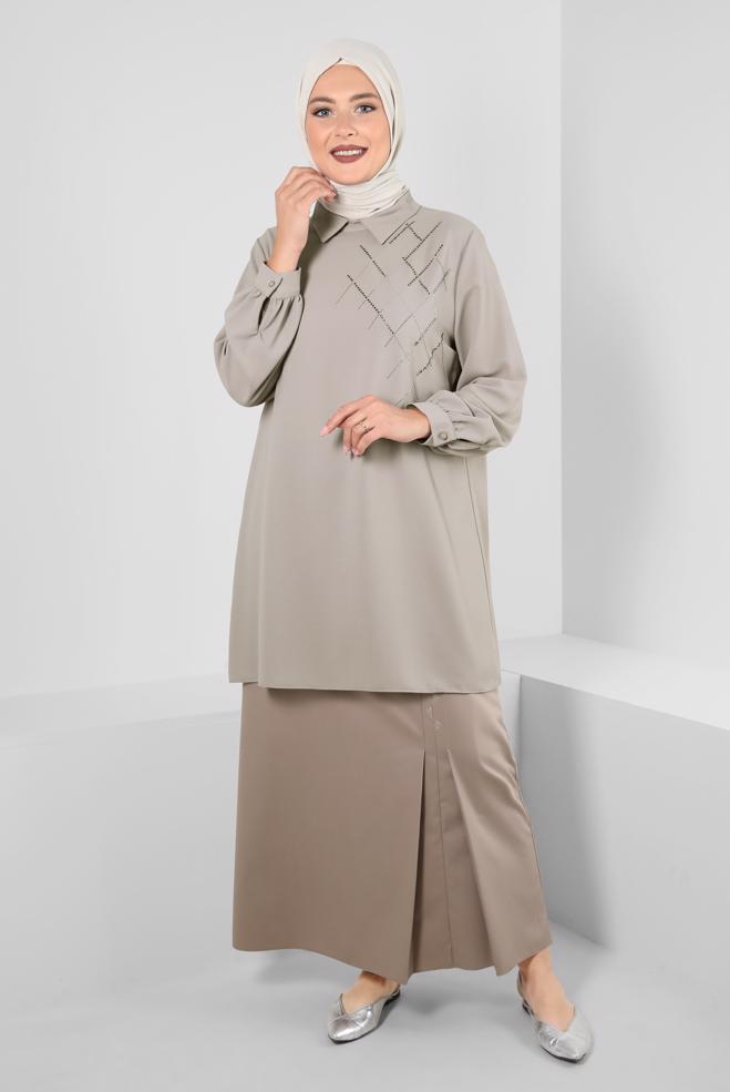 Tesettür giyim KAHVE PİLİSE DETAYLI TAŞ BASKILI ETEK 60293 - ALVİNA