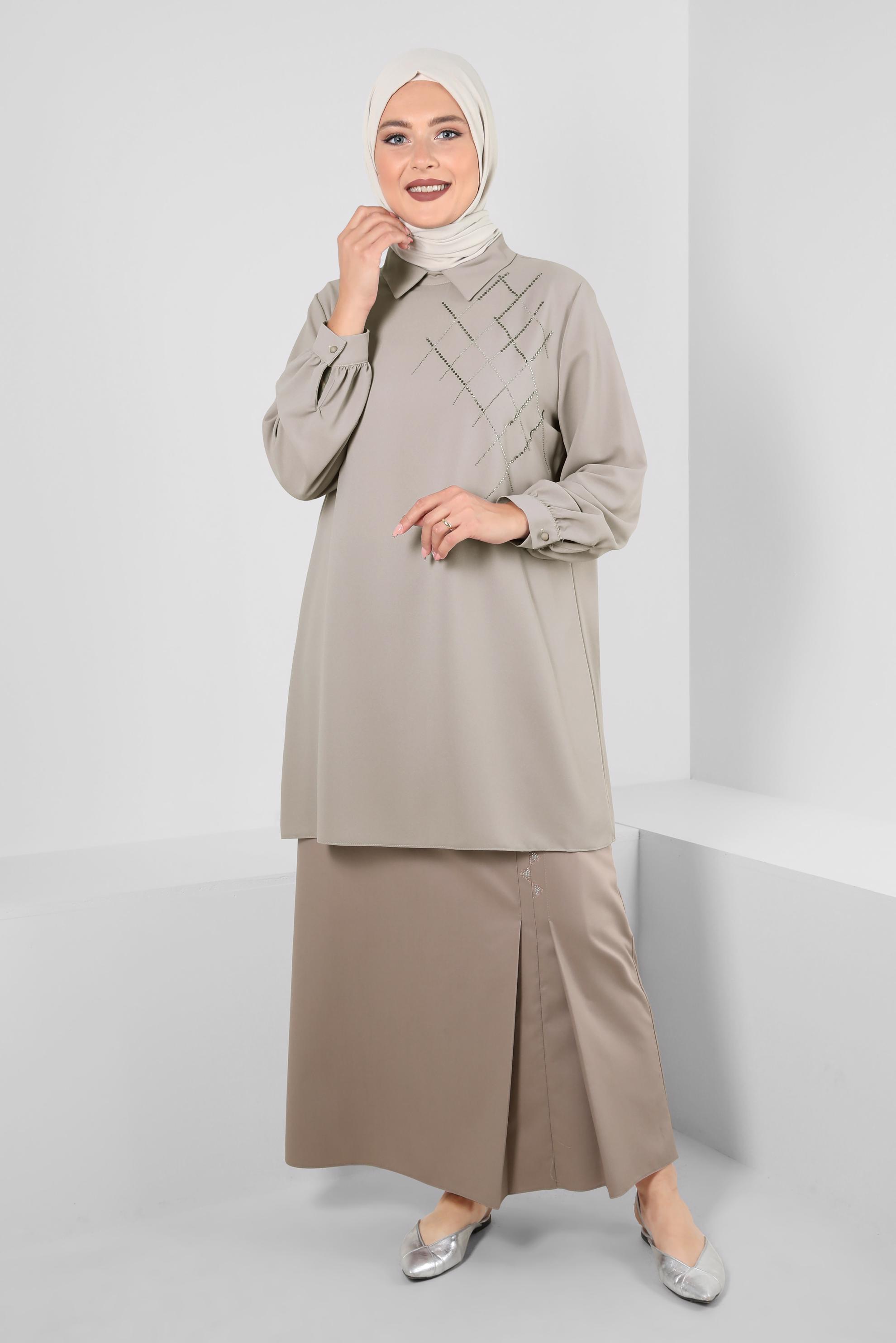 Tesettür giyim KAHVE PİLİSE DETAYLI TAŞ BASKILI ETEK 60293