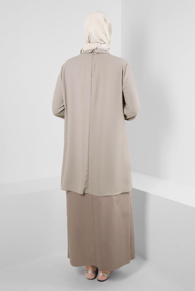 Tesettür giyim KAHVE PİLİSE DETAYLI TAŞ BASKILI ETEK 60293 - ALVİNA