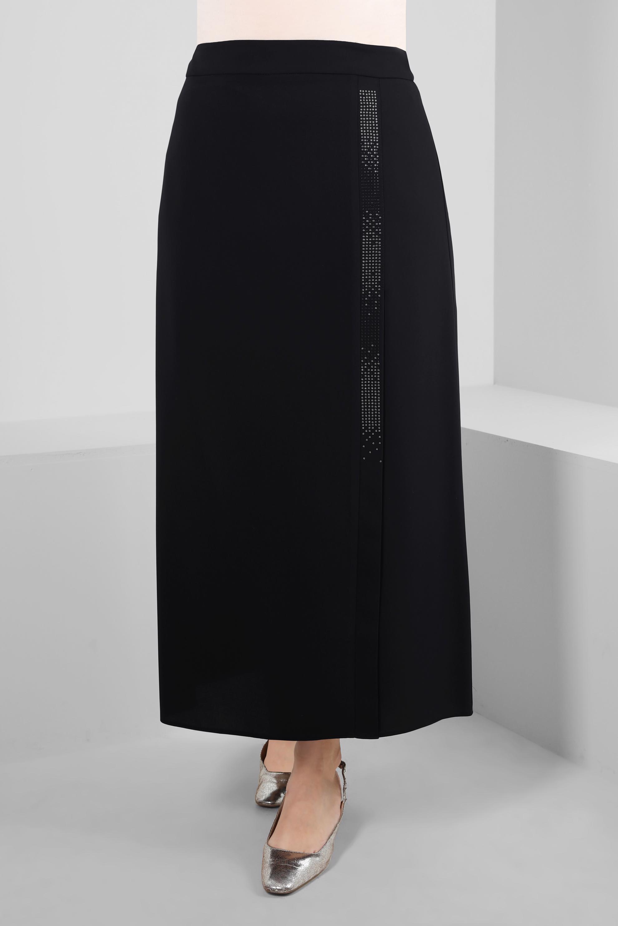 Tesettür giyim SİYAH TAŞ BASKILI DÜZ KESİM ETEK 60294