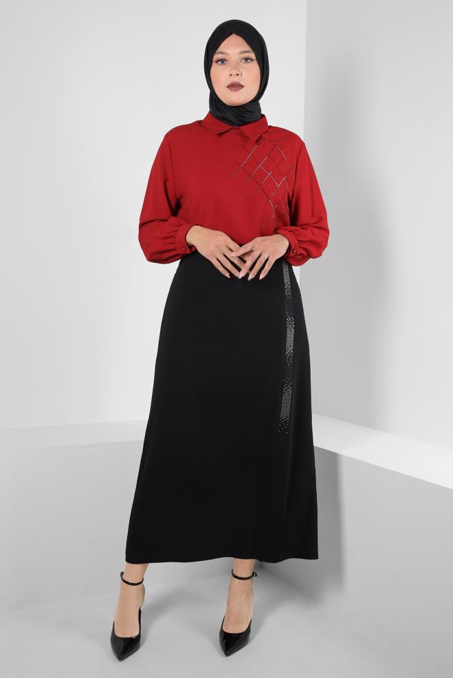 Tesettür giyim SİYAH TAŞ BASKILI DÜZ KESİM ETEK 60294 - ALVİNA