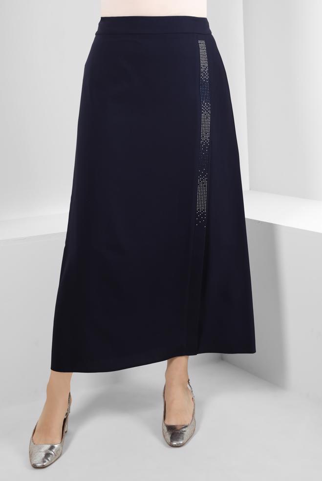Vêtements hijab BLEU MARINE JUPE COUPE DROITE AVEC GEM BRODÉ 60294 - ALVİNA