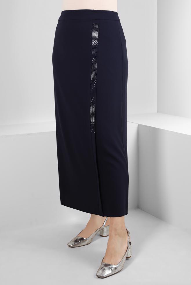 Vêtements hijab BLEU MARINE JUPE COUPE DROITE AVEC GEM BRODÉ 60294 - ALVİNA