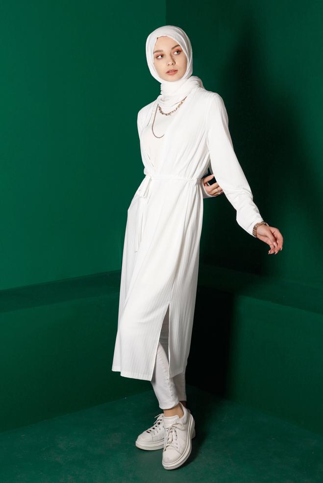 Hijab clothing WHITE BELTED CARDIGAN 42883 - ALVİNA