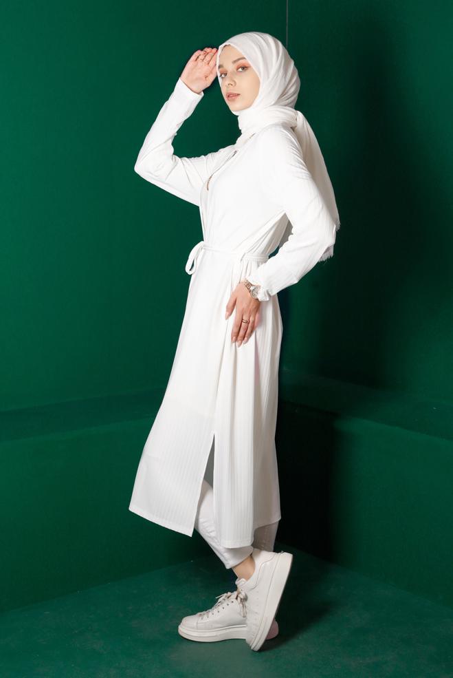 Hijab clothing WHITE BELTED CARDIGAN 42883 - ALVİNA