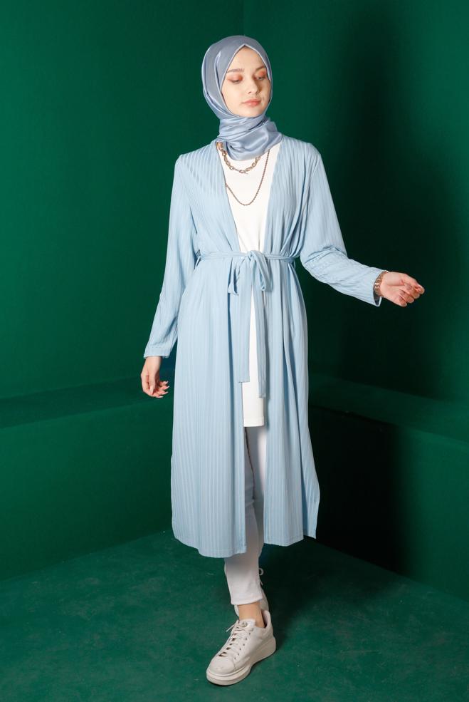 Hijab-Kleidung BLAU KUŞAKLI FİTİLLİ HIRKA 42883 - ALVİNA