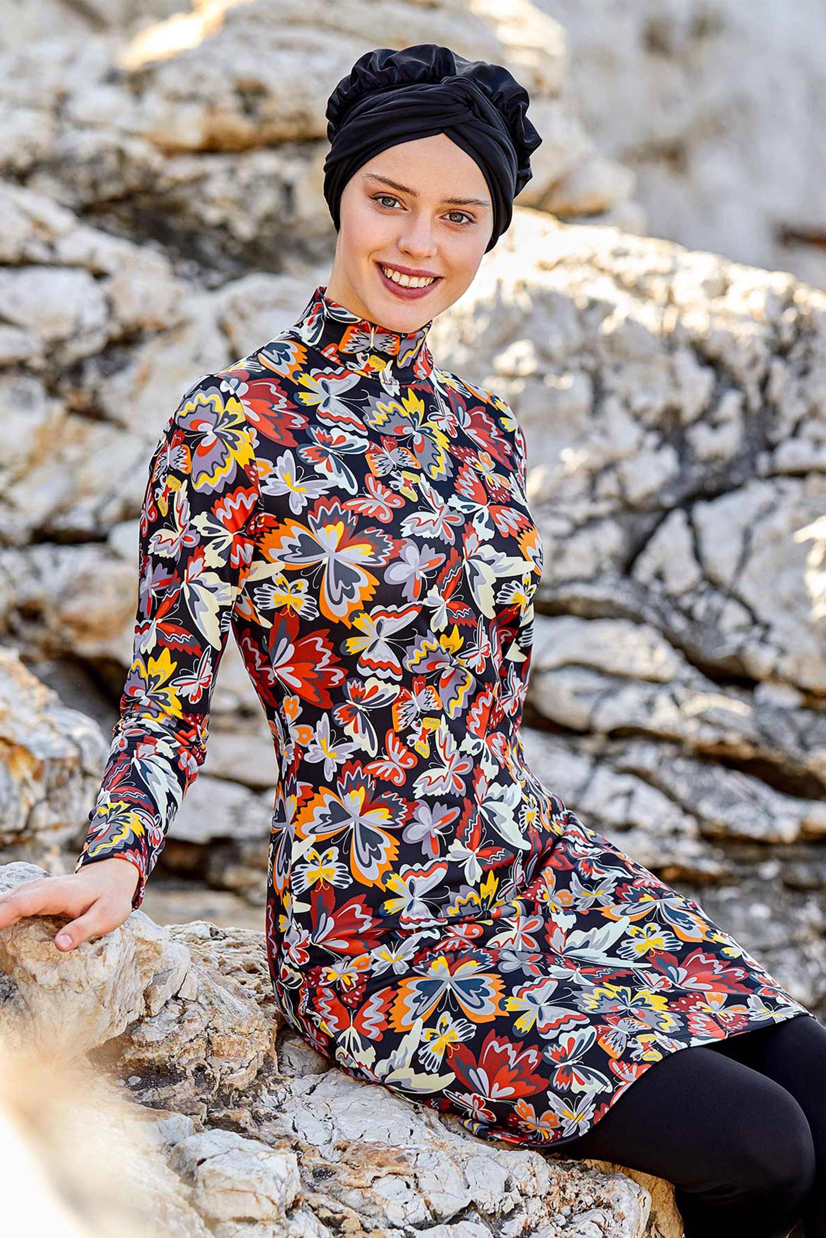 Tesettür giyim SİYAH KELEBEK DESENLİ LİKRALI TESETTÜR MAYO 0503 