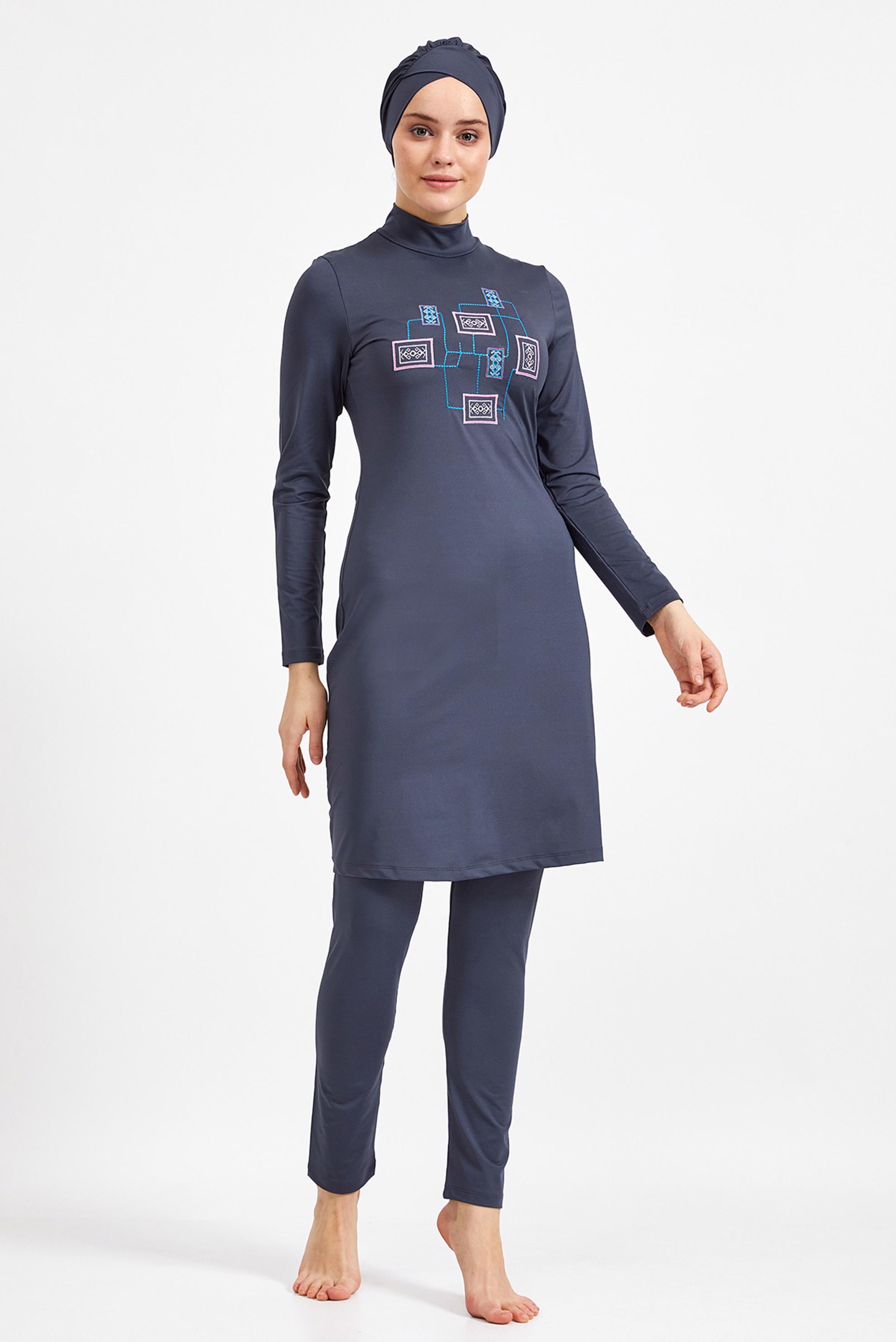 Hijab clothing GREY EMBROIDERY DETAIL LYCRA HIJAB SWIMSUIT 0517 