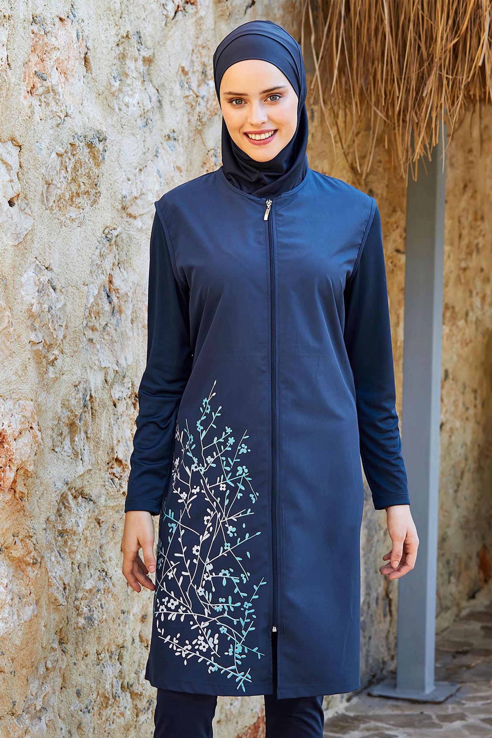Tesettür giyim LACİVERT DESENLİ FERMUARLI LİKRALI TESETTÜR MAYO 0943 
