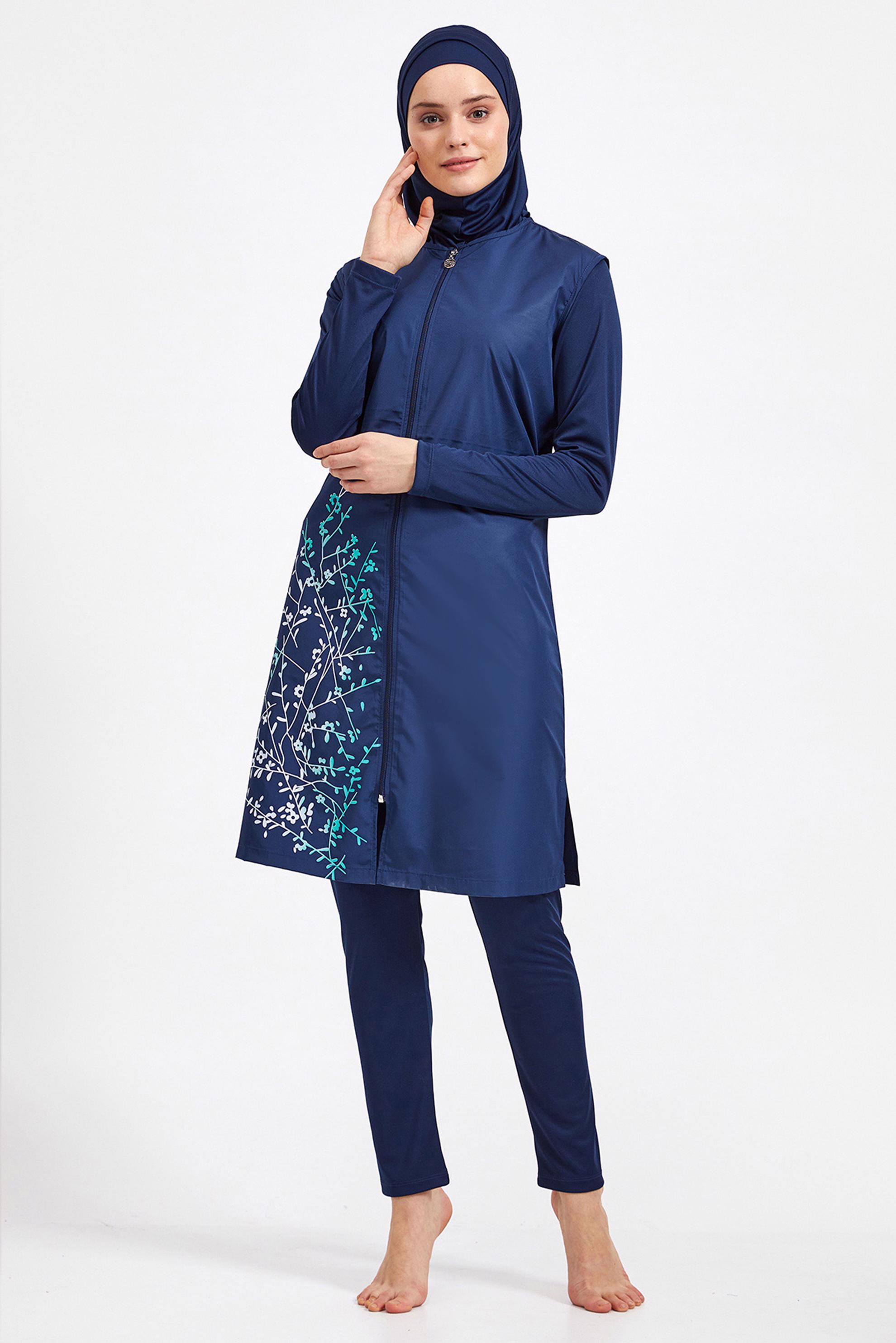 Tesettür giyim LACİVERT DESENLİ FERMUARLI LİKRALI TESETTÜR MAYO 0943 