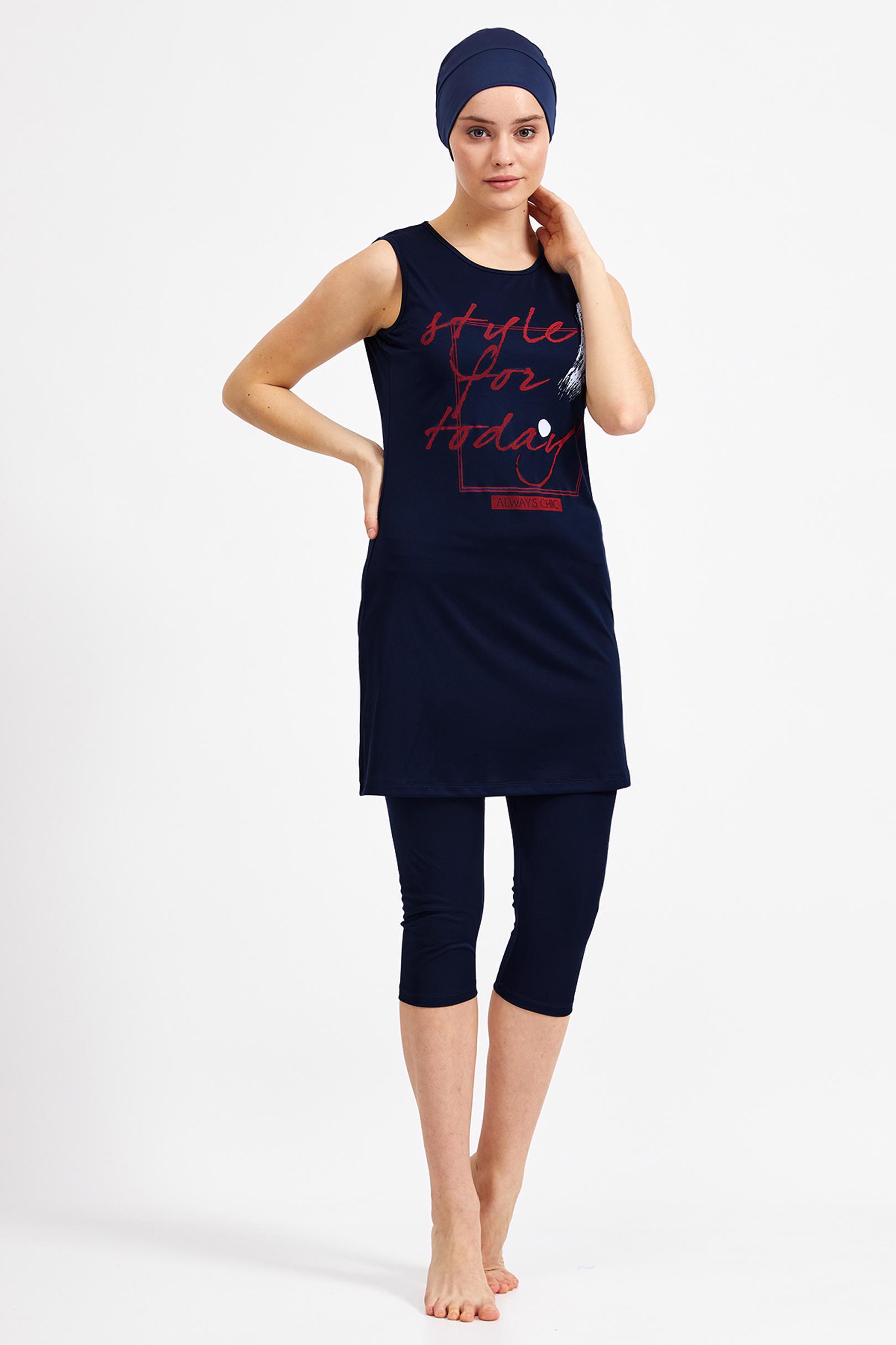 Tesettür giyim LACİVERT BASKI DETAYLI HAVUZ MAYO 0954 