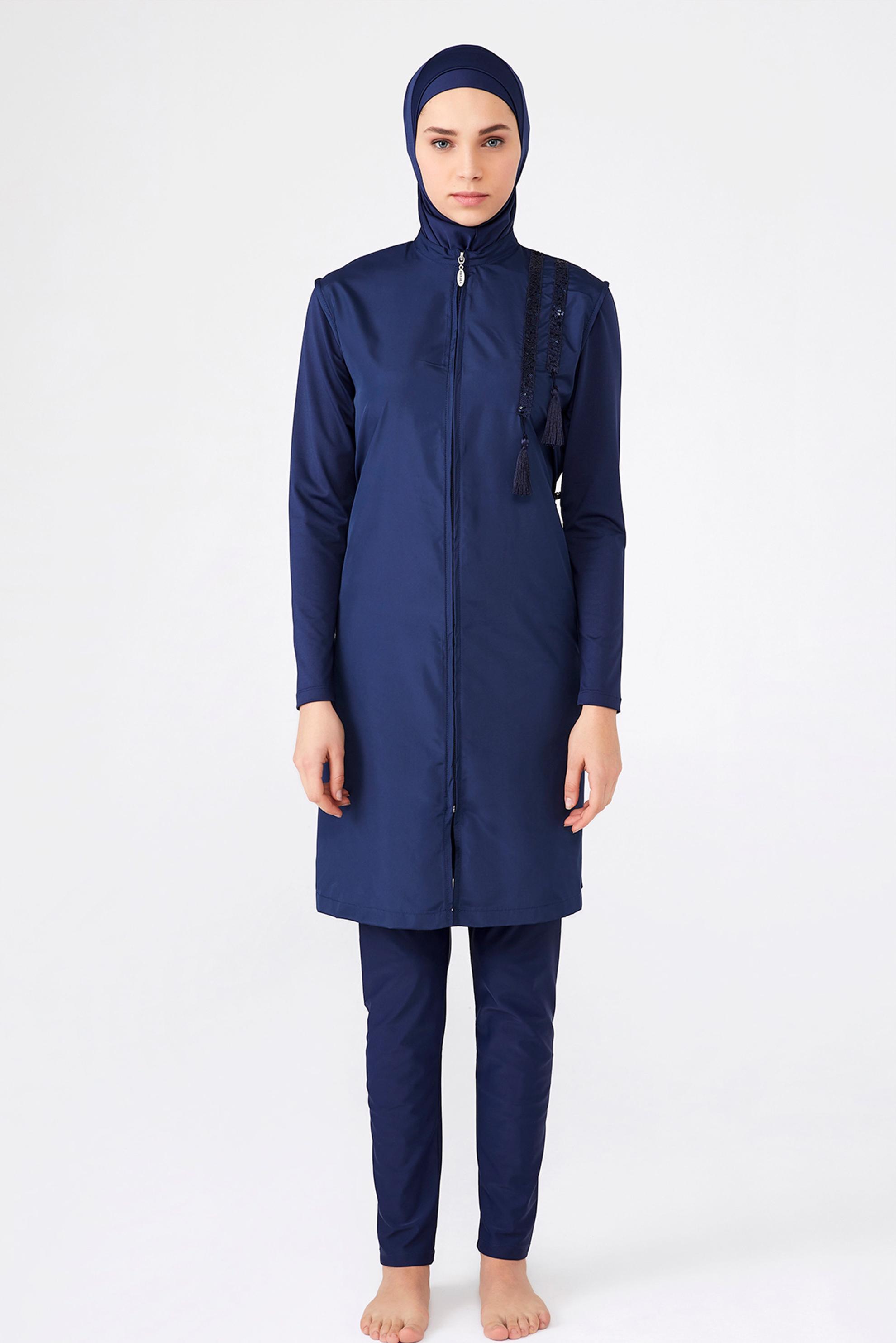 Hijab clothing NAVY BLUE FRINGE DETAIL ZIPPERED HIJAB SWIMSUIT 1262