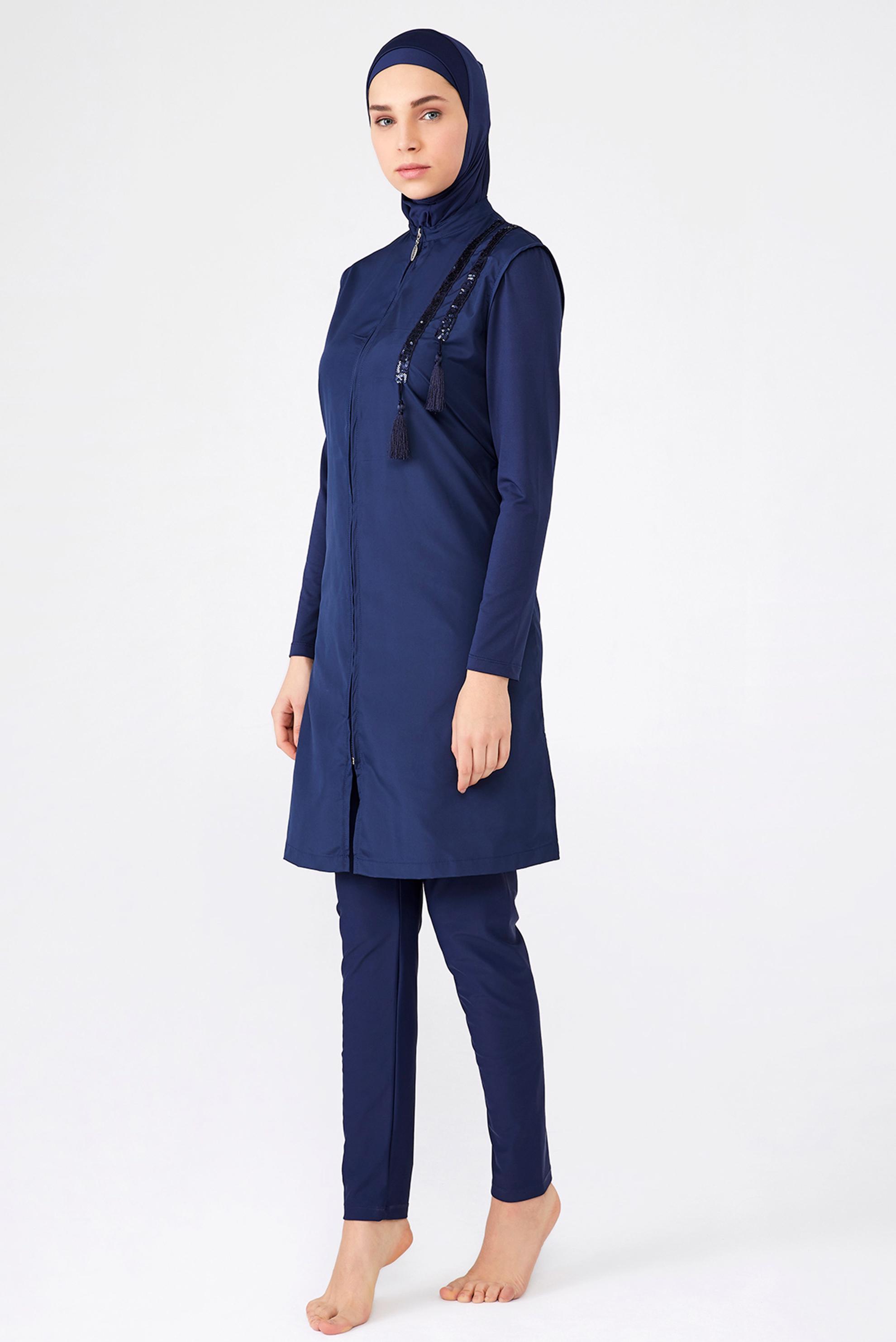 Hijab clothing NAVY BLUE FRINGE DETAIL ZIPPERED HIJAB SWIMSUIT 1262