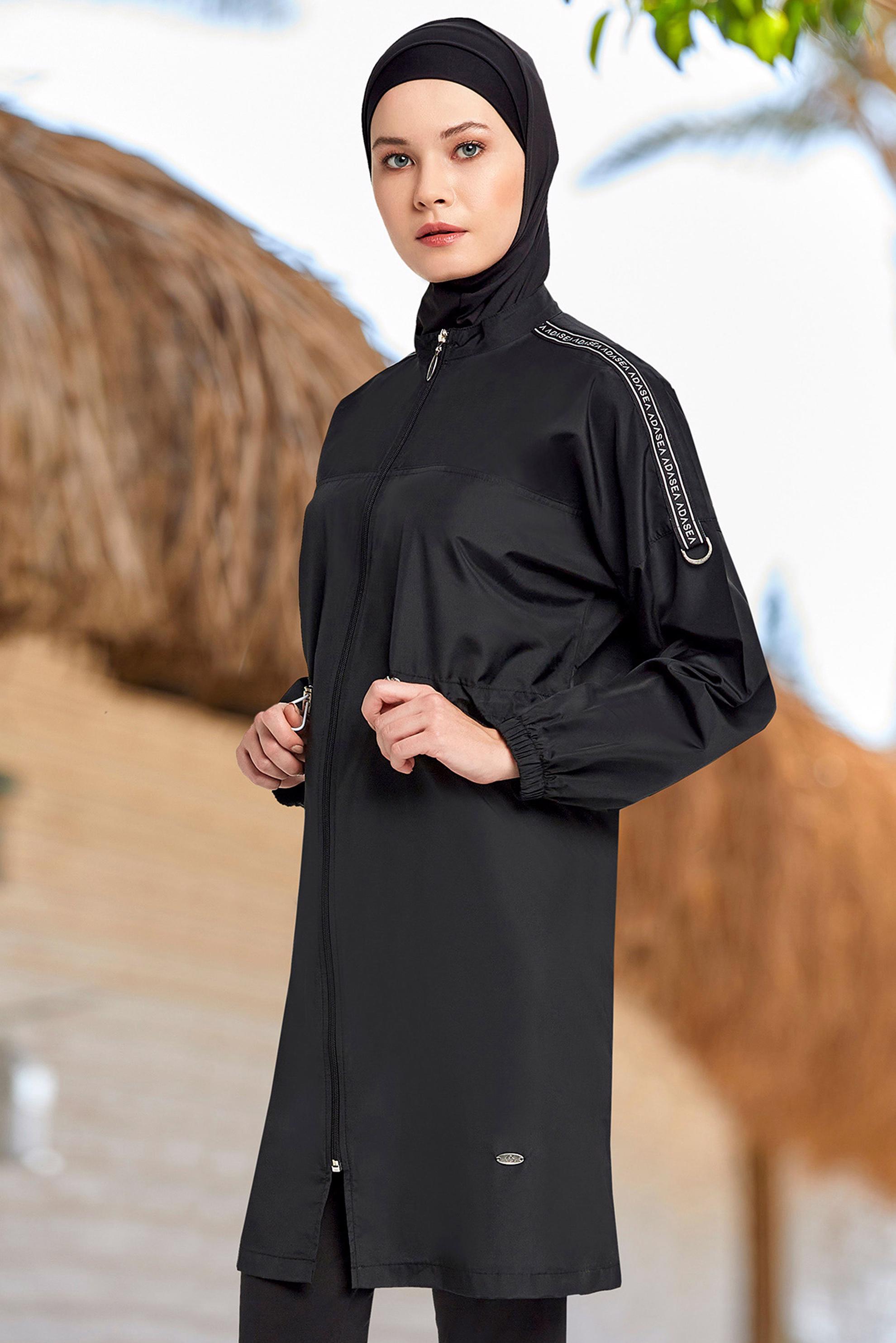 Tesettür giyim SİYAH BELİ BÜZGÜLÜ FERMUARLI TESETTÜR MAYO TAKIM 1266