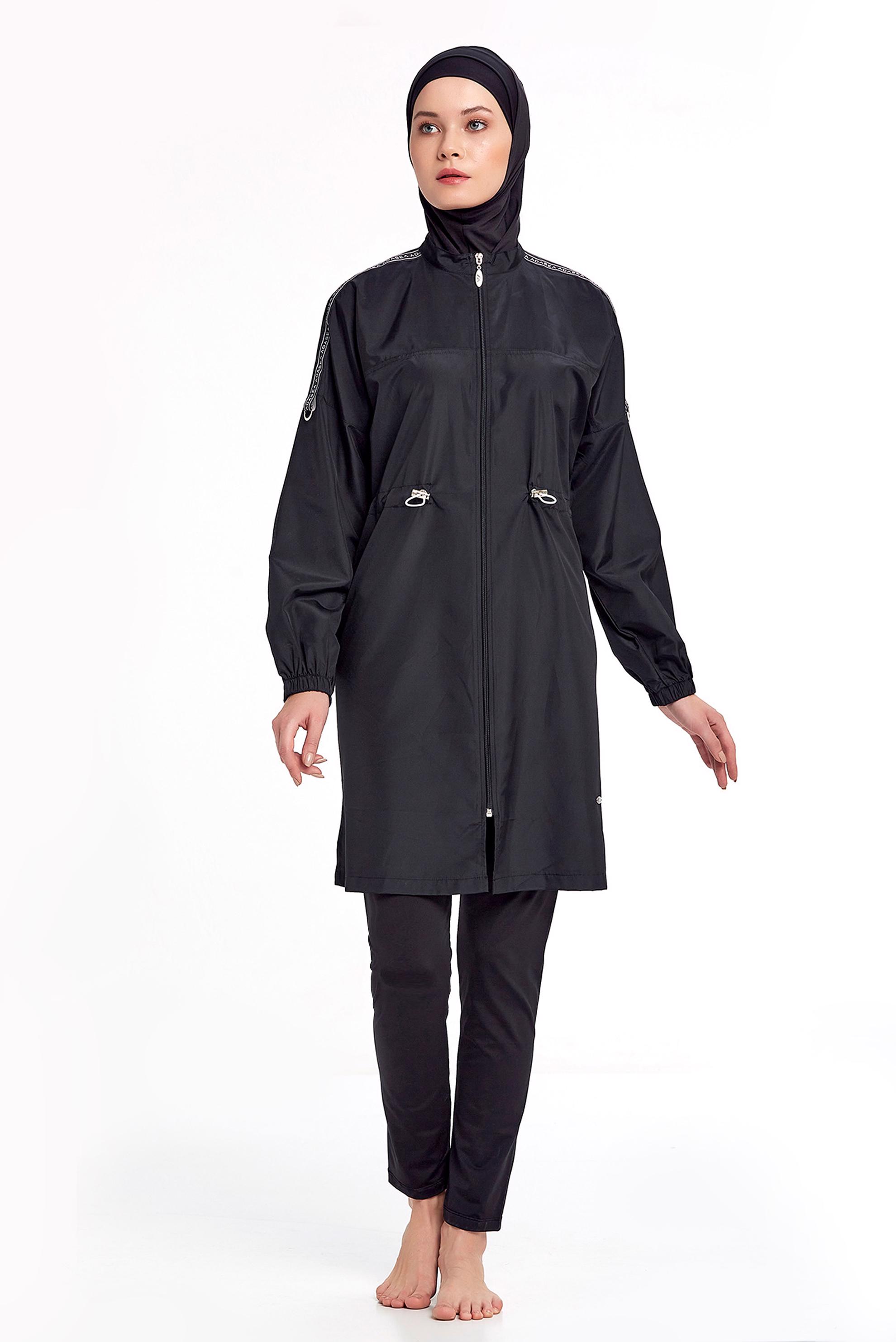 Tesettür giyim SİYAH BELİ BÜZGÜLÜ FERMUARLI TESETTÜR MAYO TAKIM 1266