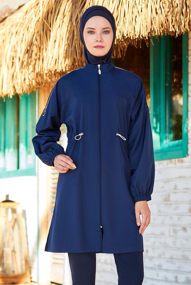 Hijab clothing NAVY BLUE SMOCKING WAIST ZIPPERED HIJAB SWIMSUIT SET 1266 - ALVİNA