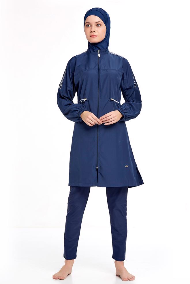 Hijab clothing NAVY BLUE SMOCKING WAIST ZIPPERED HIJAB SWIMSUIT SET 1266 - ALVİNA