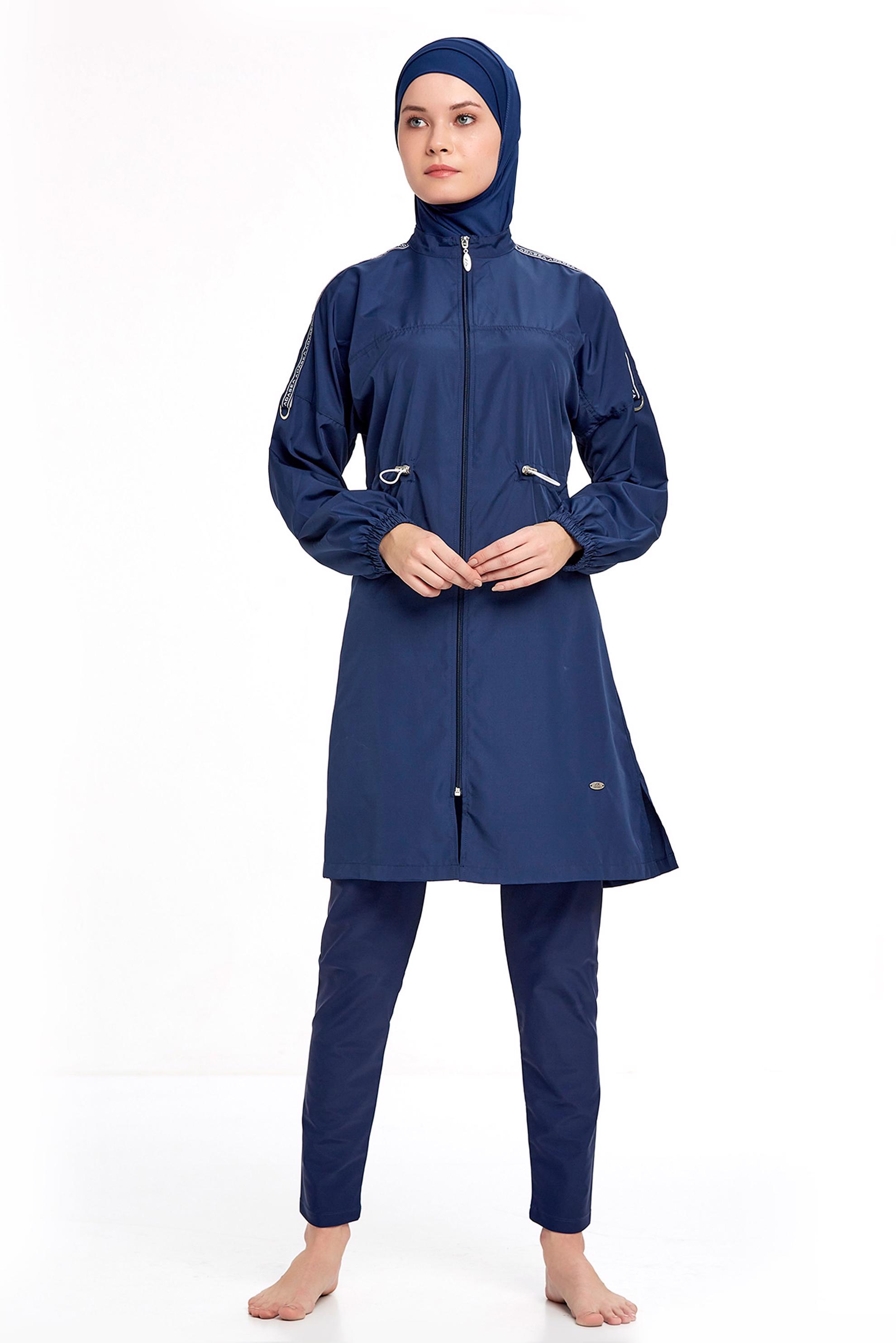 Tesettür giyim LACİVERT BELİ BÜZGÜLÜ FERMUARLI TESETTÜR MAYO TAKIM 1266