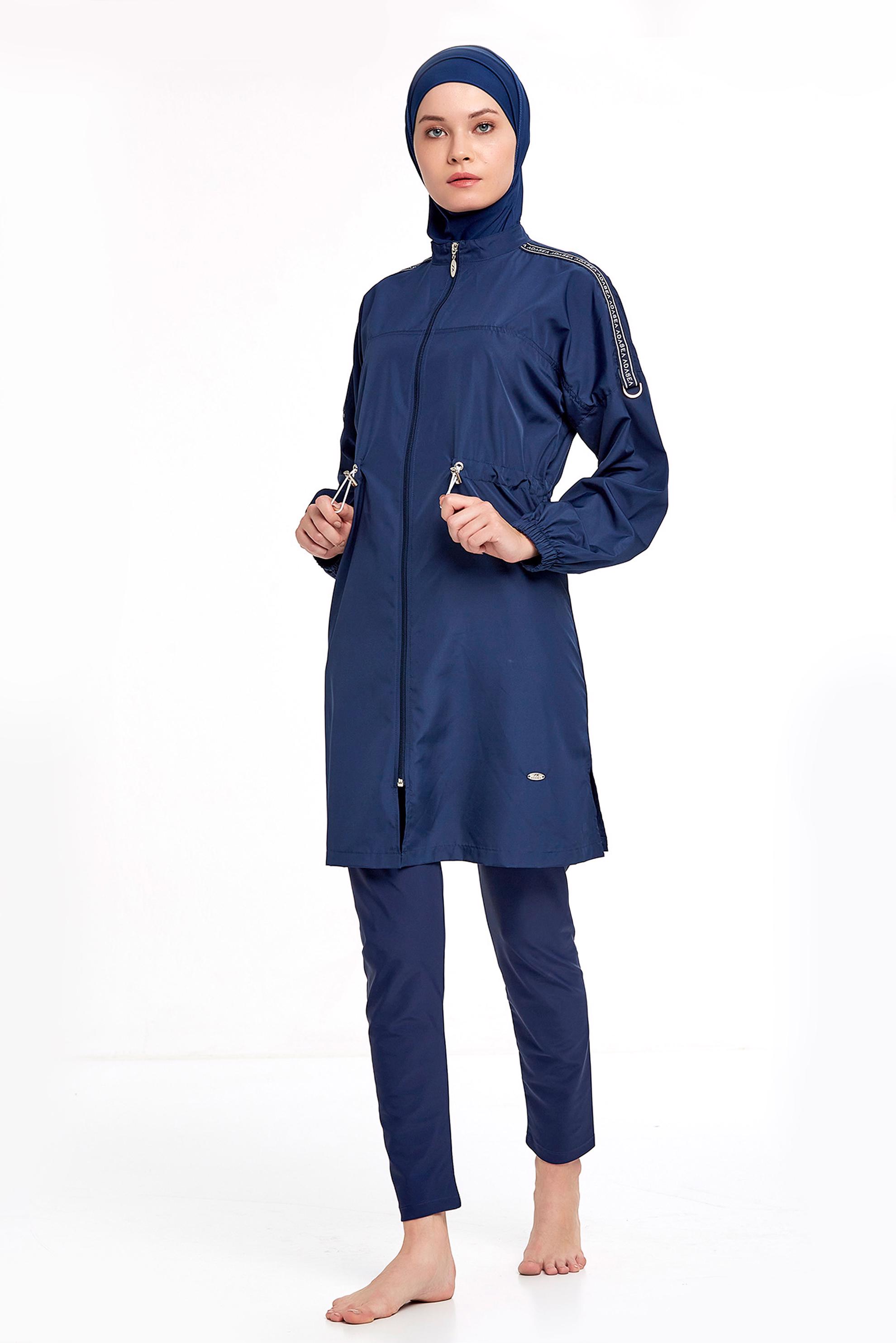 Tesettür giyim LACİVERT BELİ BÜZGÜLÜ FERMUARLI TESETTÜR MAYO TAKIM 1266