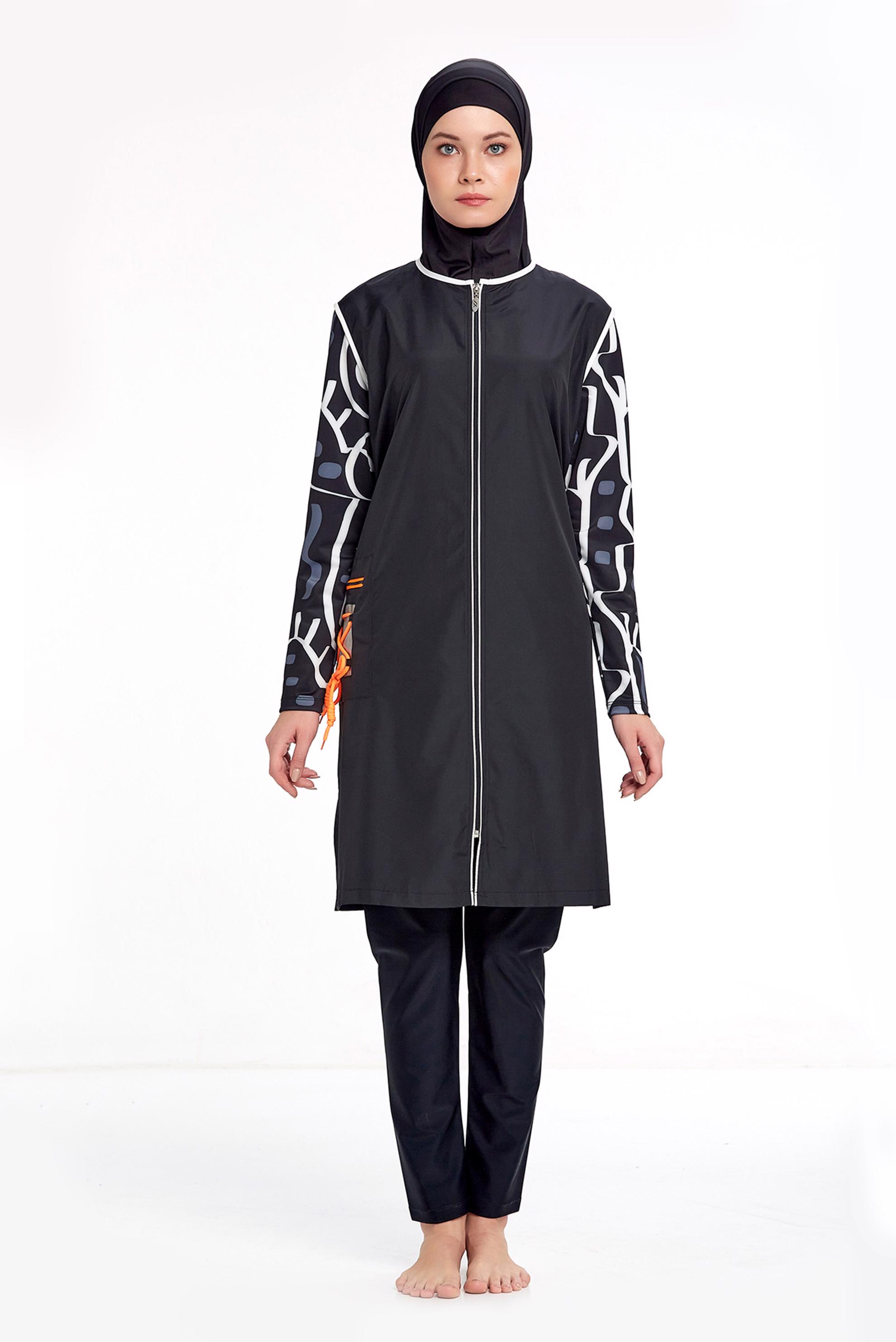 Tesettür giyim SİYAH KOLU DESENLİ FERMUARLI TESETTÜR MAYO TAKIM 2213