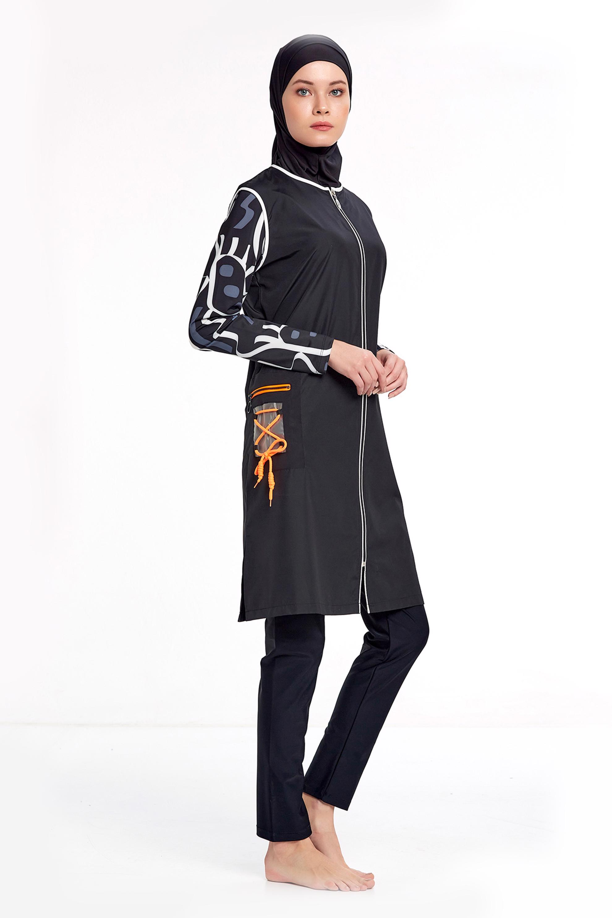Tesettür giyim SİYAH KOLU DESENLİ FERMUARLI TESETTÜR MAYO TAKIM 2213