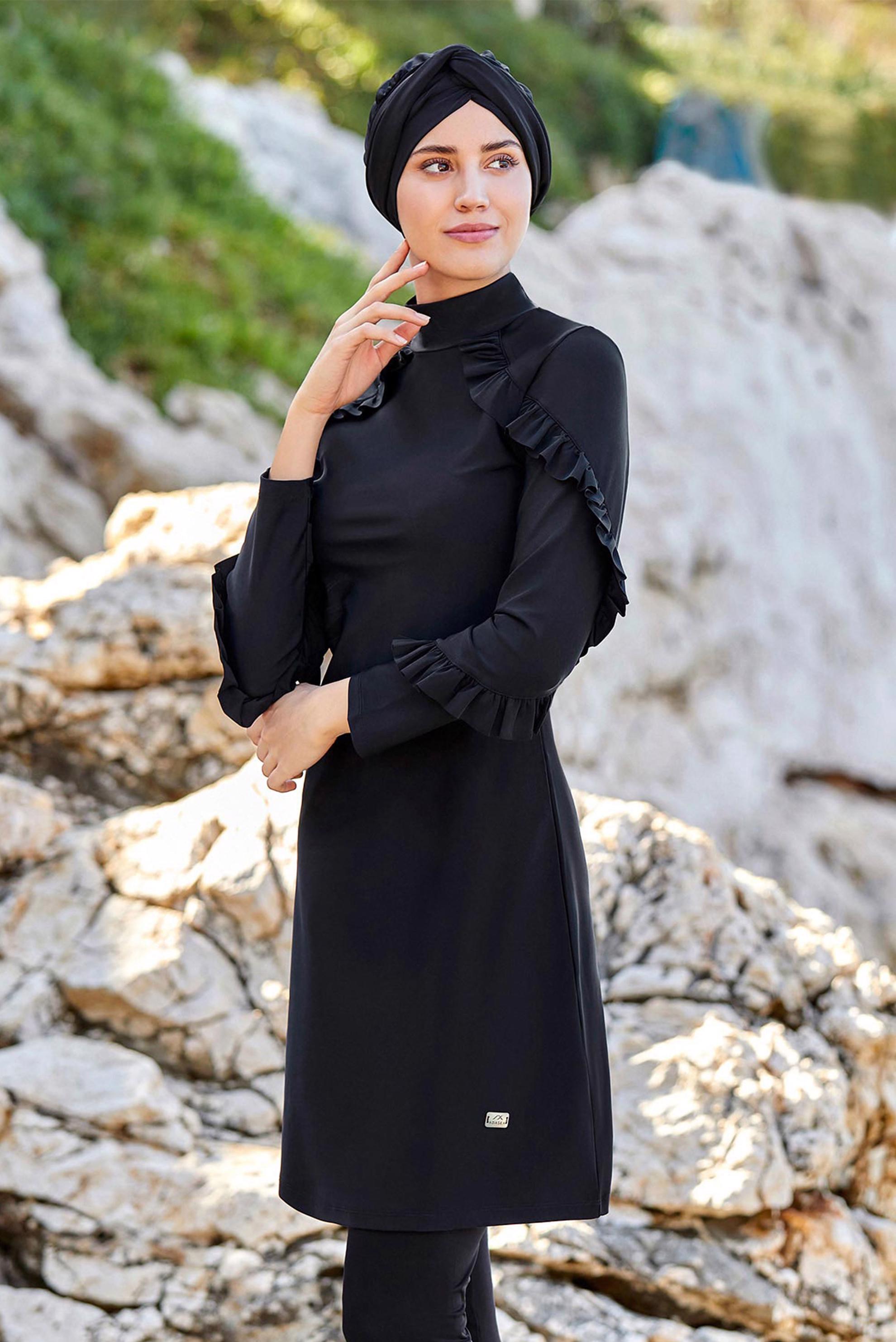 Tesettür giyim SİYAH FIRFIRLI LİKRALI TESETTÜR MAYO 4104 