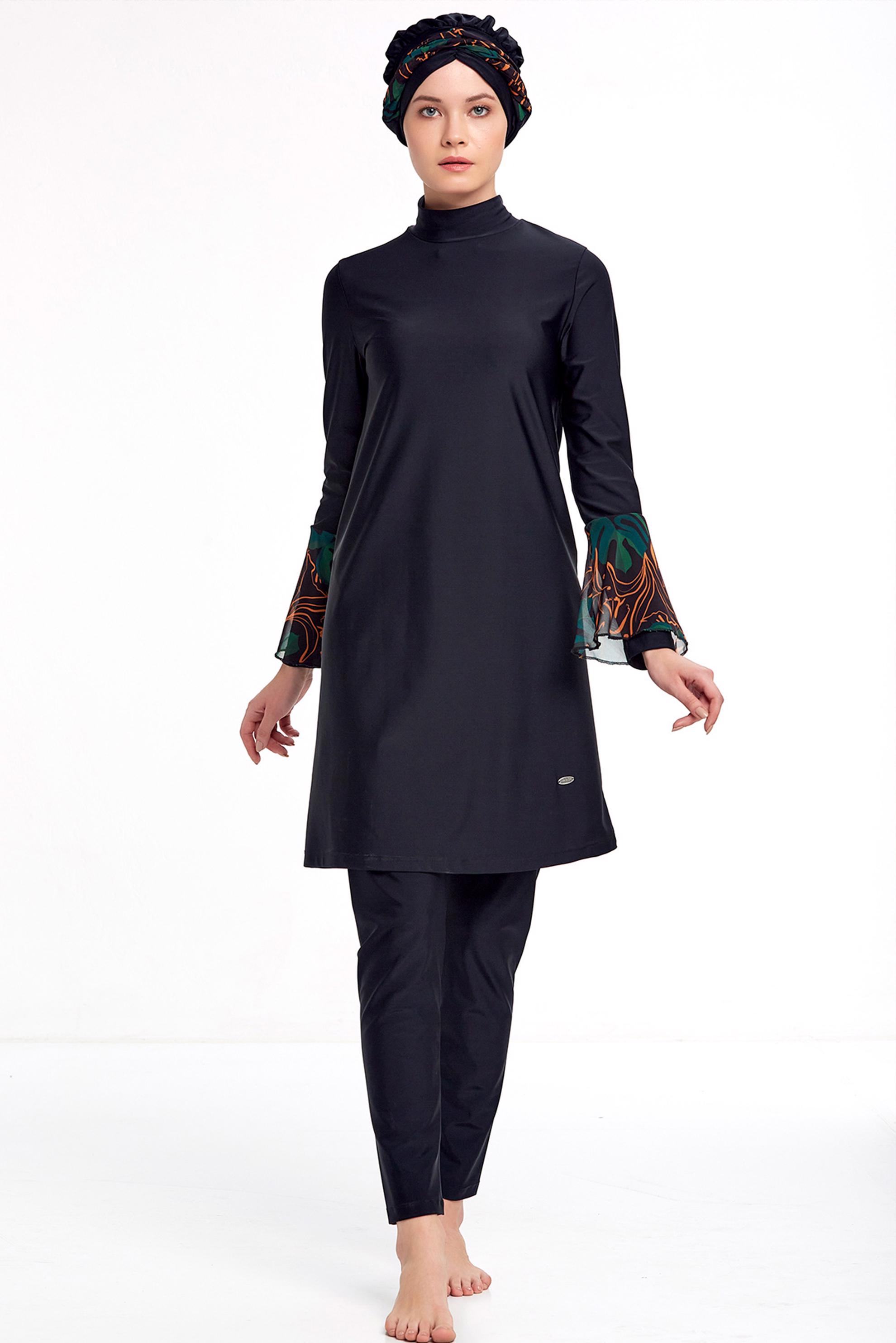 Hijab clothing BLACK LYCRA HIJAB SWIMSUIT WITH PATTERNED CUFFS 4343 