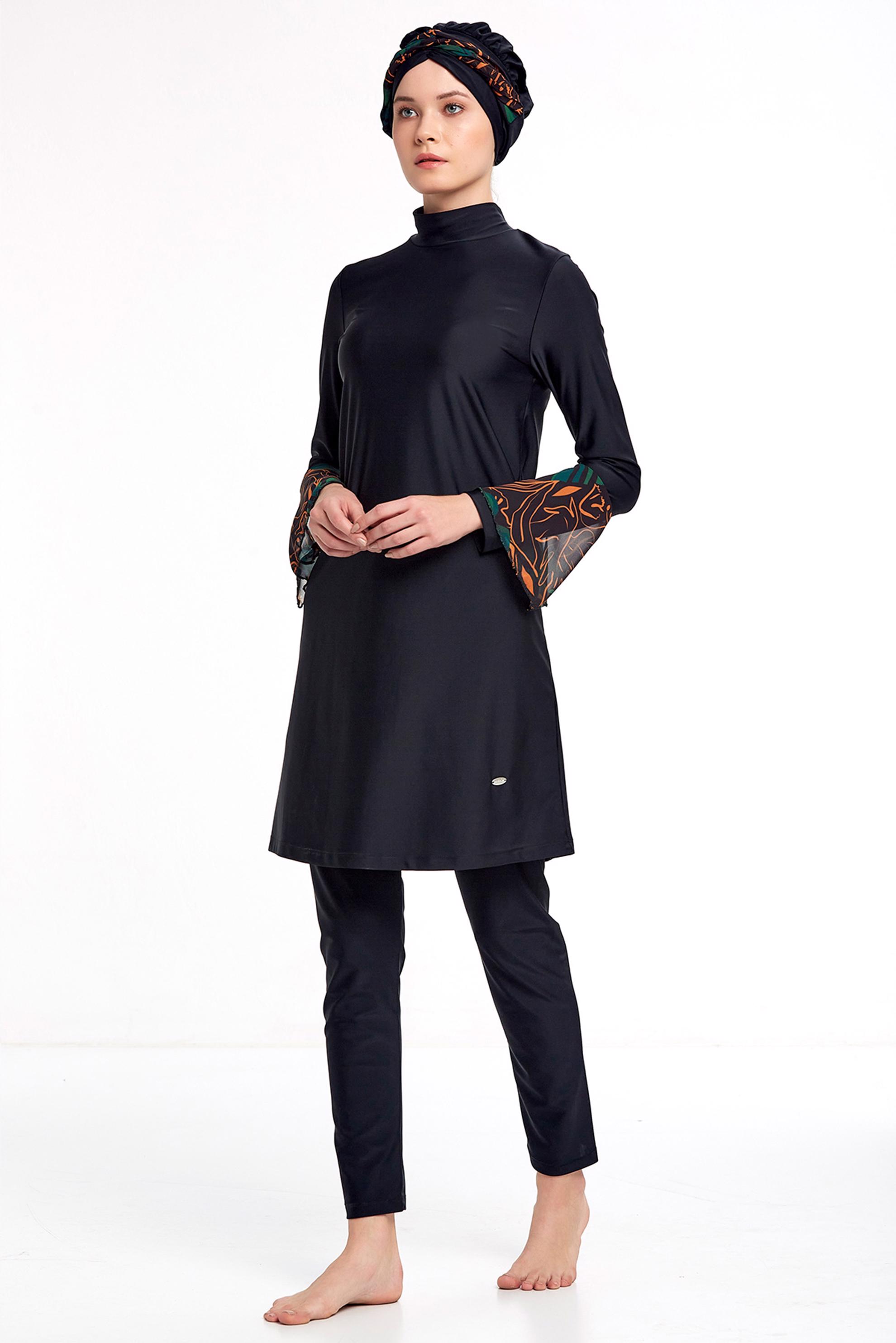 Hijab clothing BLACK LYCRA HIJAB SWIMSUIT WITH PATTERNED CUFFS 4343 