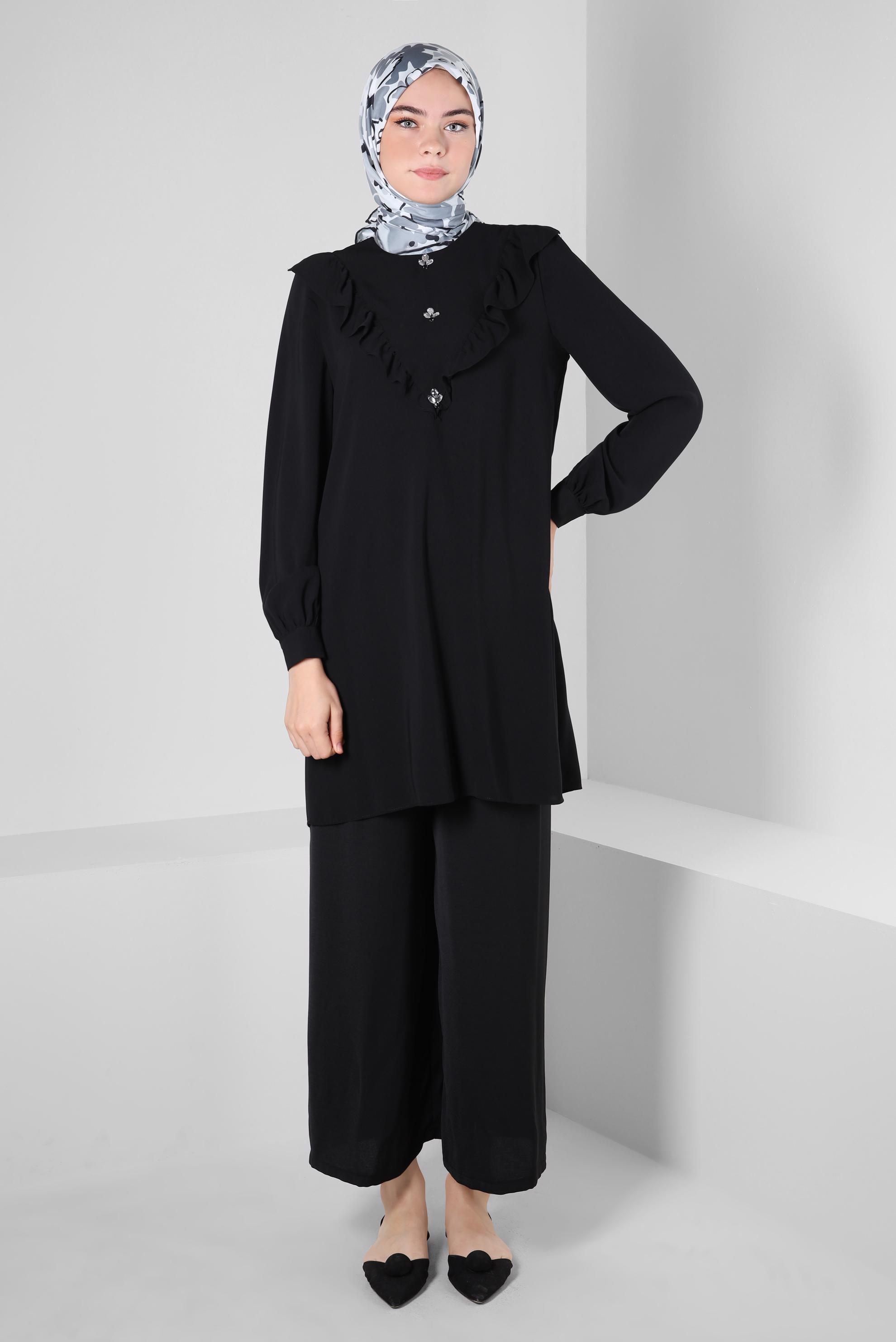 Tesettür giyim SİYAH BELİ LASTİKLİ PANTOLON 70358 