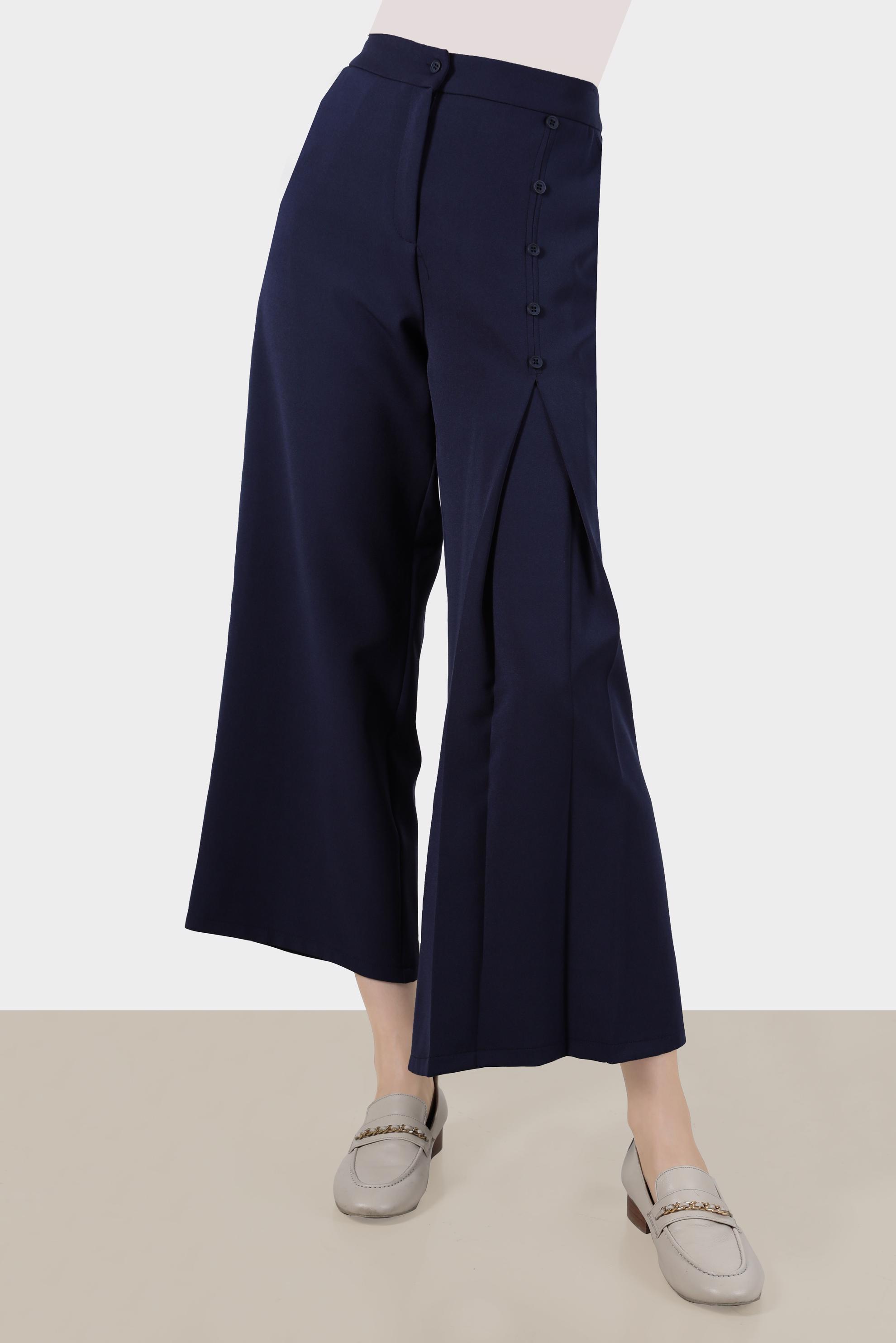 Tesettür giyim LACİVERT DÜĞMELİ PİLE DETAYLI BOL KESİM PANTOLON 70359 