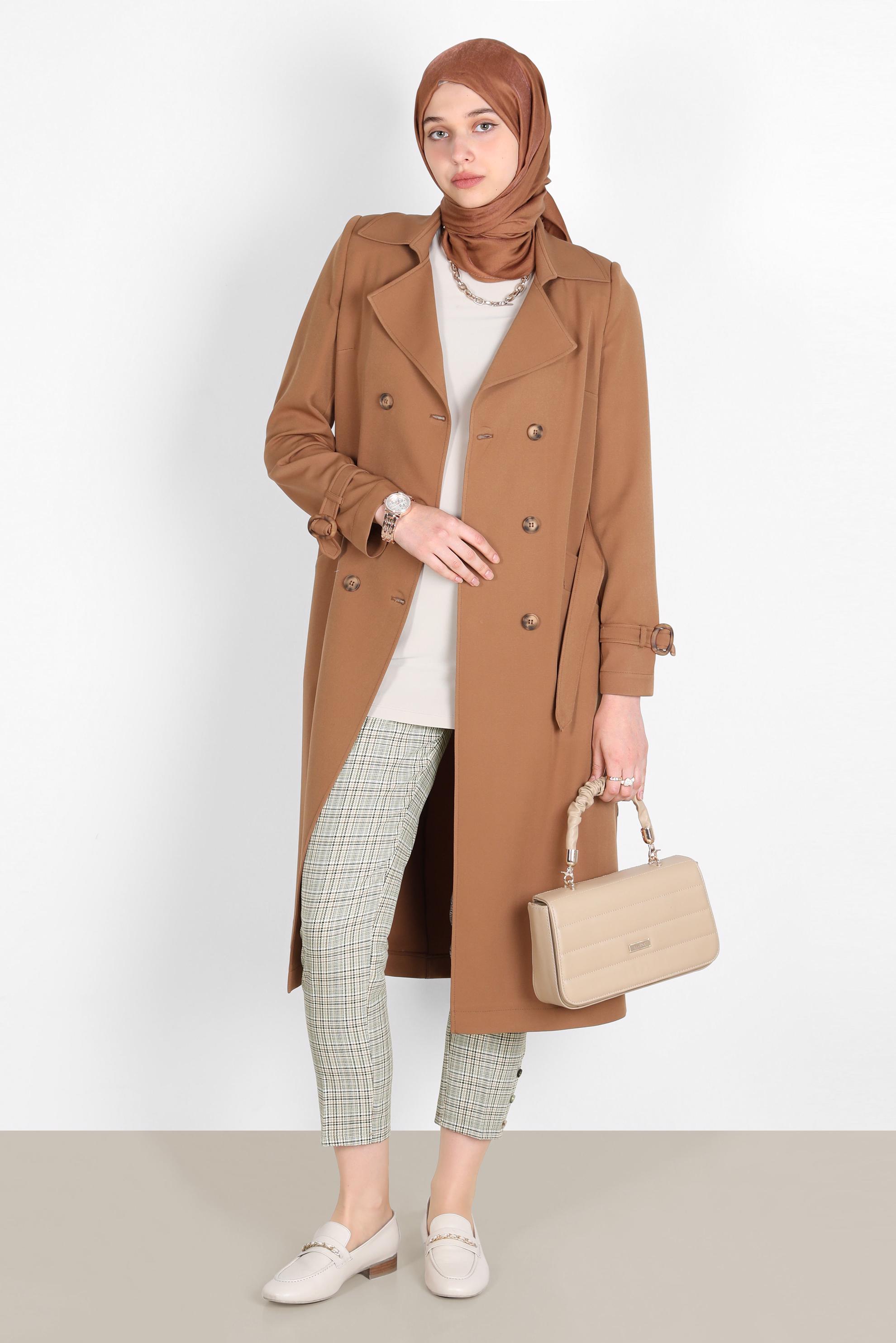 Tesettür giyim YEŞİL DÜĞMELİ EKOSE PANTOLON 70361 