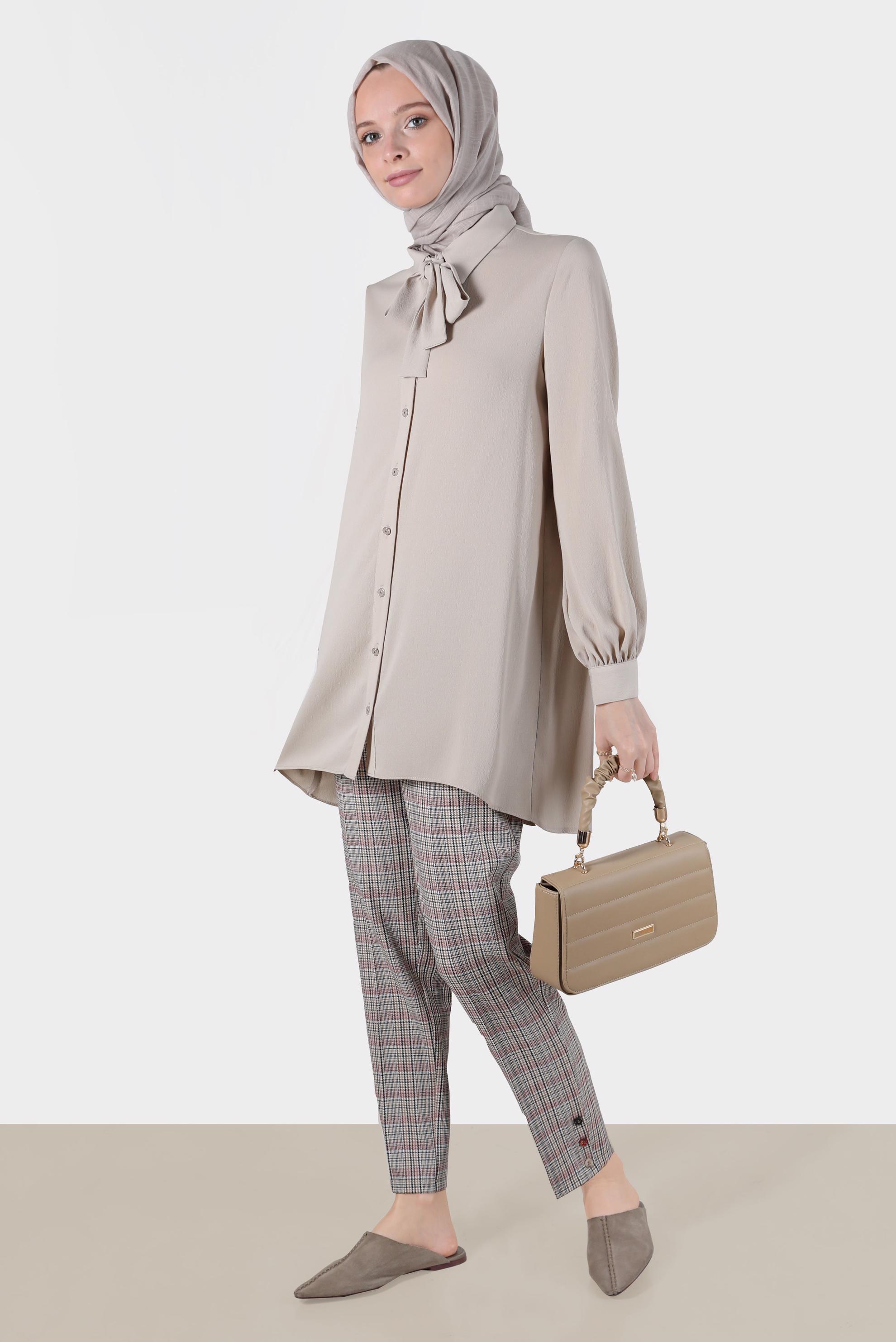 Tesettür giyim KIRMIZI DÜĞMELİ EKOSE PANTOLON 70361 