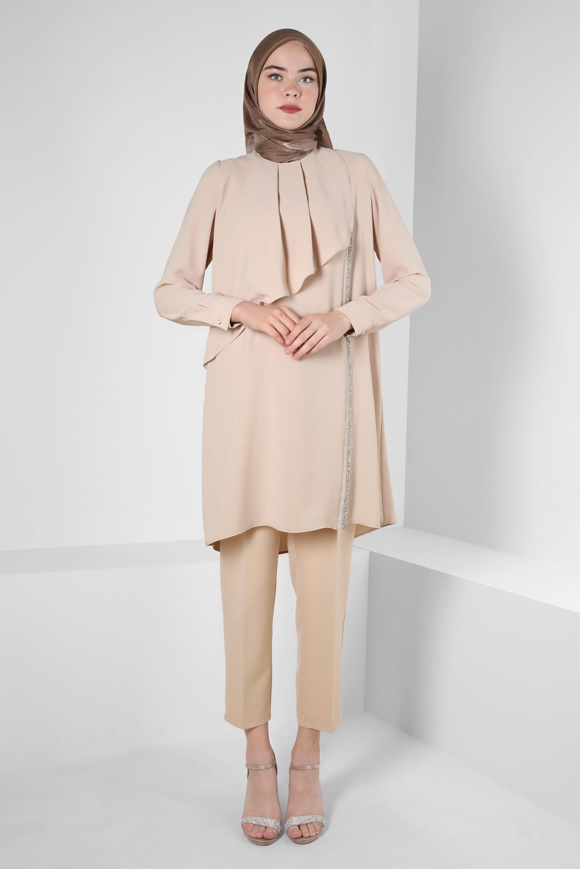 Tesettür giyim BEJ PİLE DETAYLI PANTOLON 70363 