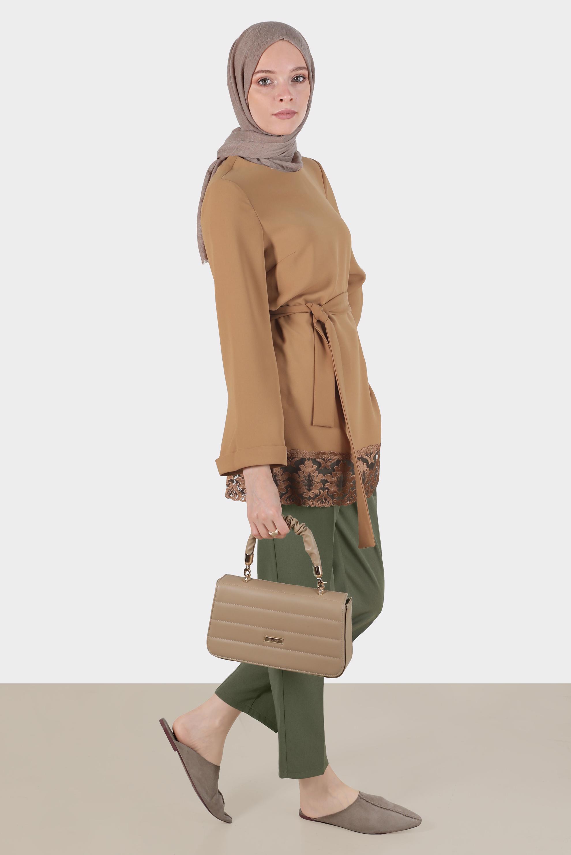 Tesettür giyim HAKİ PİLE DETAYLI PANTOLON 70363 