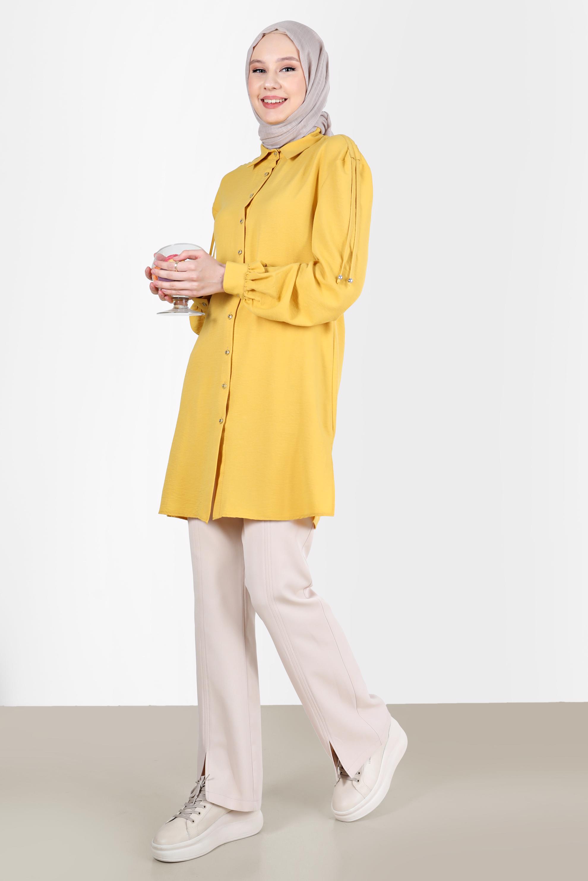 Tesettür giyim EKRU YIRTMAÇ DETAYLI PANTOLON 70366 