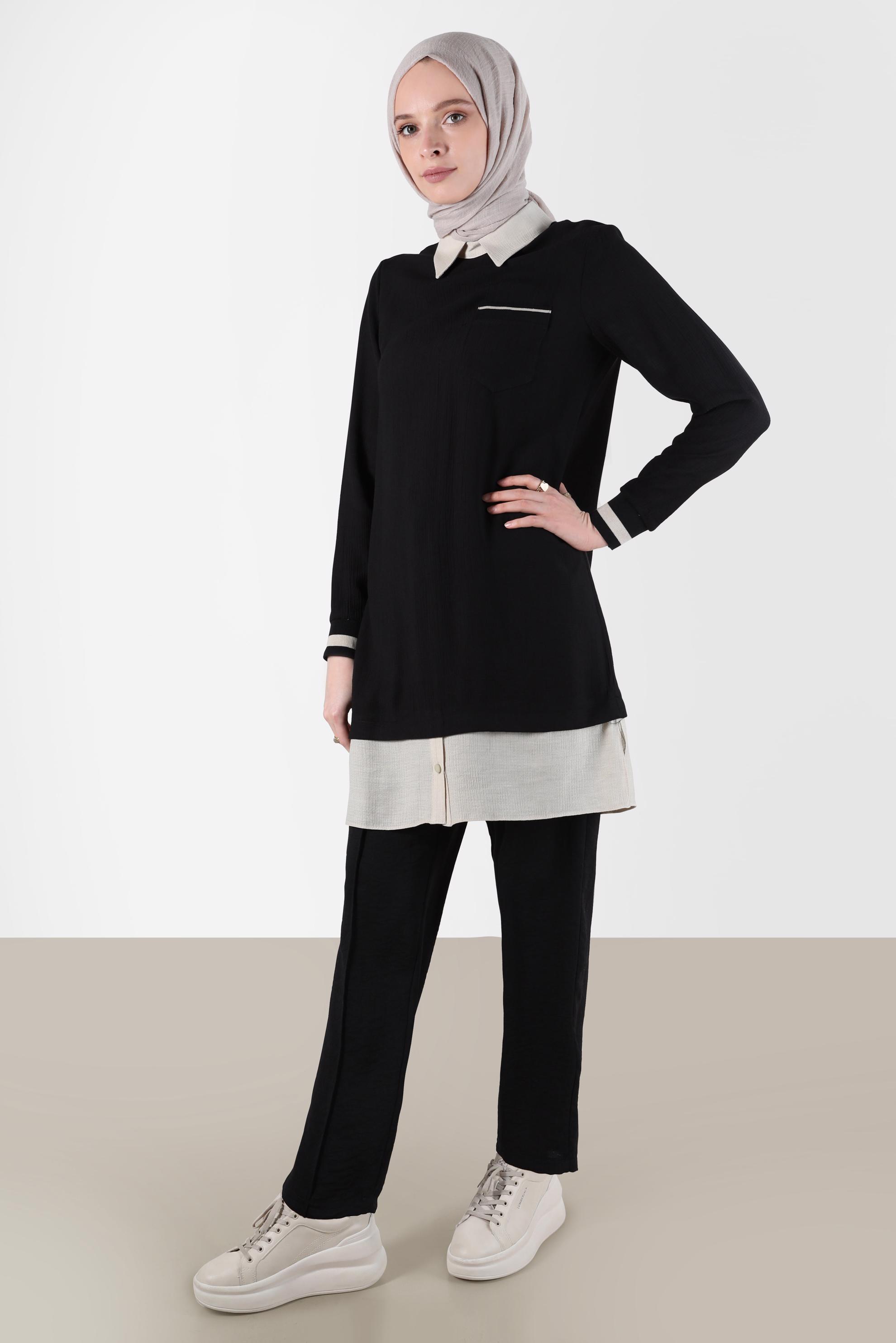 Tesettür giyim SİYAH BELİ LASTİKLİ HAVUÇ PANTOLON 70374 