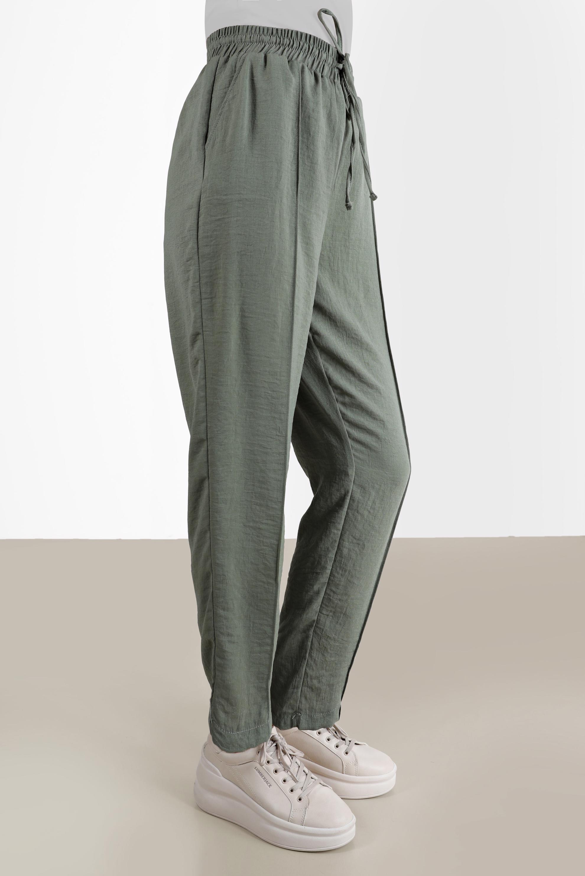 Tesettür giyim HAKİ BELİ LASTİKLİ HAVUÇ PANTOLON 70374 