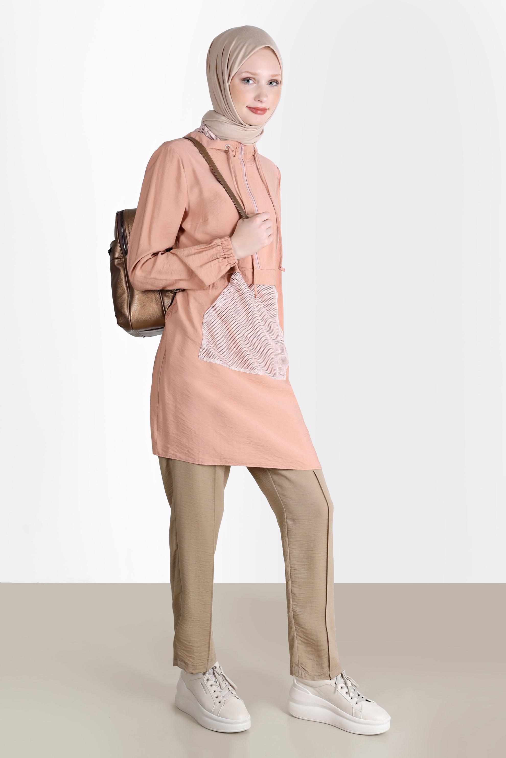 Tesettür giyim BEJ BELİ LASTİKLİ HAVUÇ PANTOLON 70374 