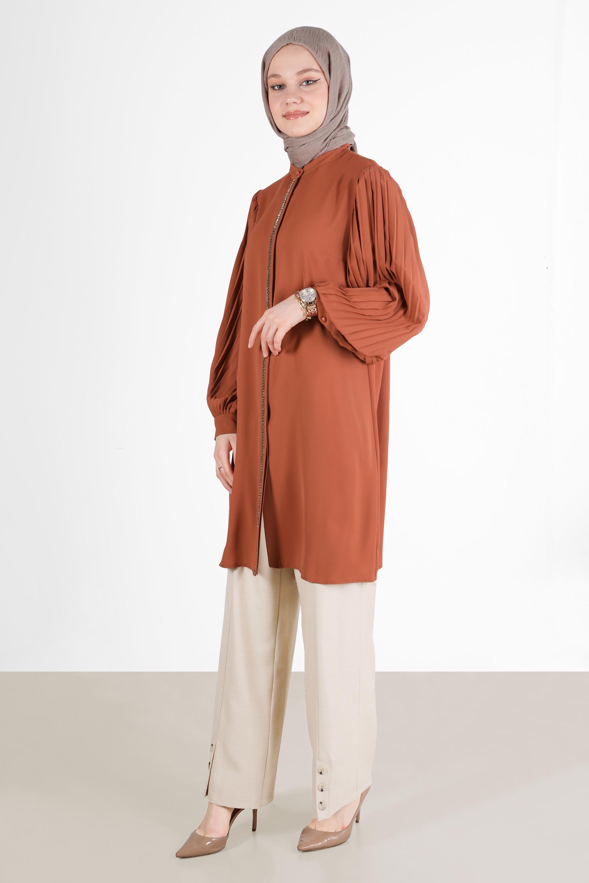 Tesettür giyim BEJ DÜĞME DETAYLI BOL PAÇA PANTOLON 70375 