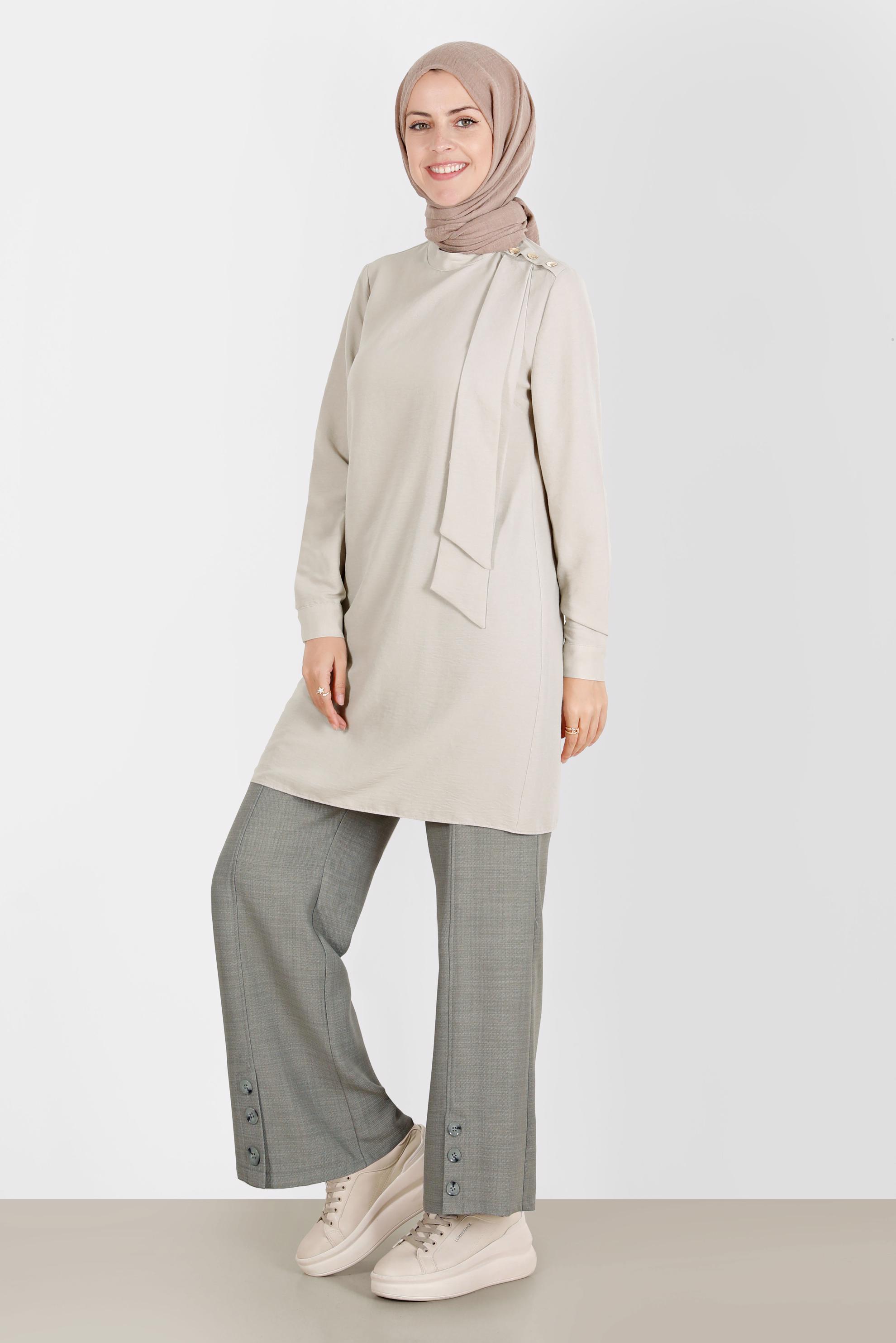 Tesettür giyim YEŞİL DÜĞME DETAYLI BOL PAÇA PANTOLON 70375 