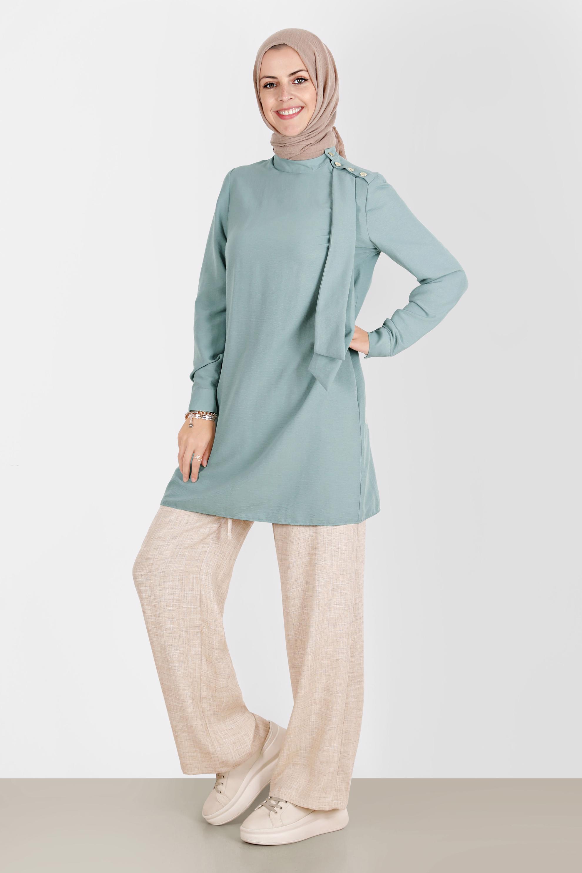 Hijab clothing BEIGE ELASTIC WAIST LINEN LOOKING TROUSERS 70400 