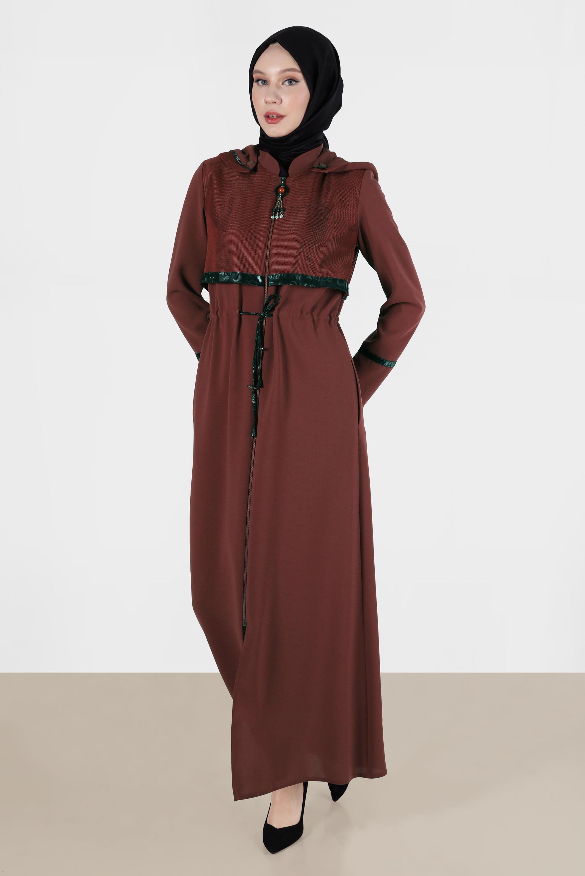 Tesettür giyim TURUNCU FİLE DETAYLI KAPÜŞONLU PARDESÜ 10520	