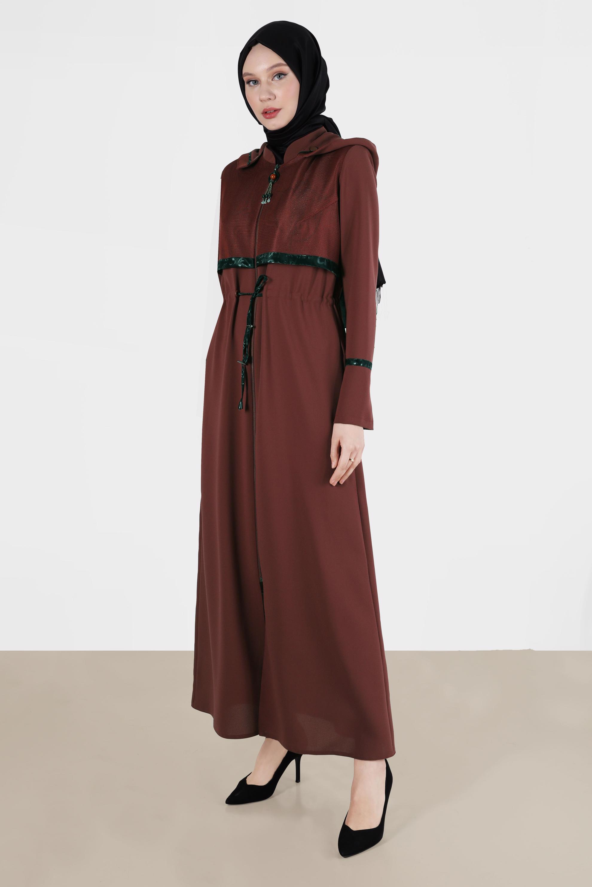 Tesettür giyim TURUNCU FİLE DETAYLI KAPÜŞONLU PARDESÜ 10520	