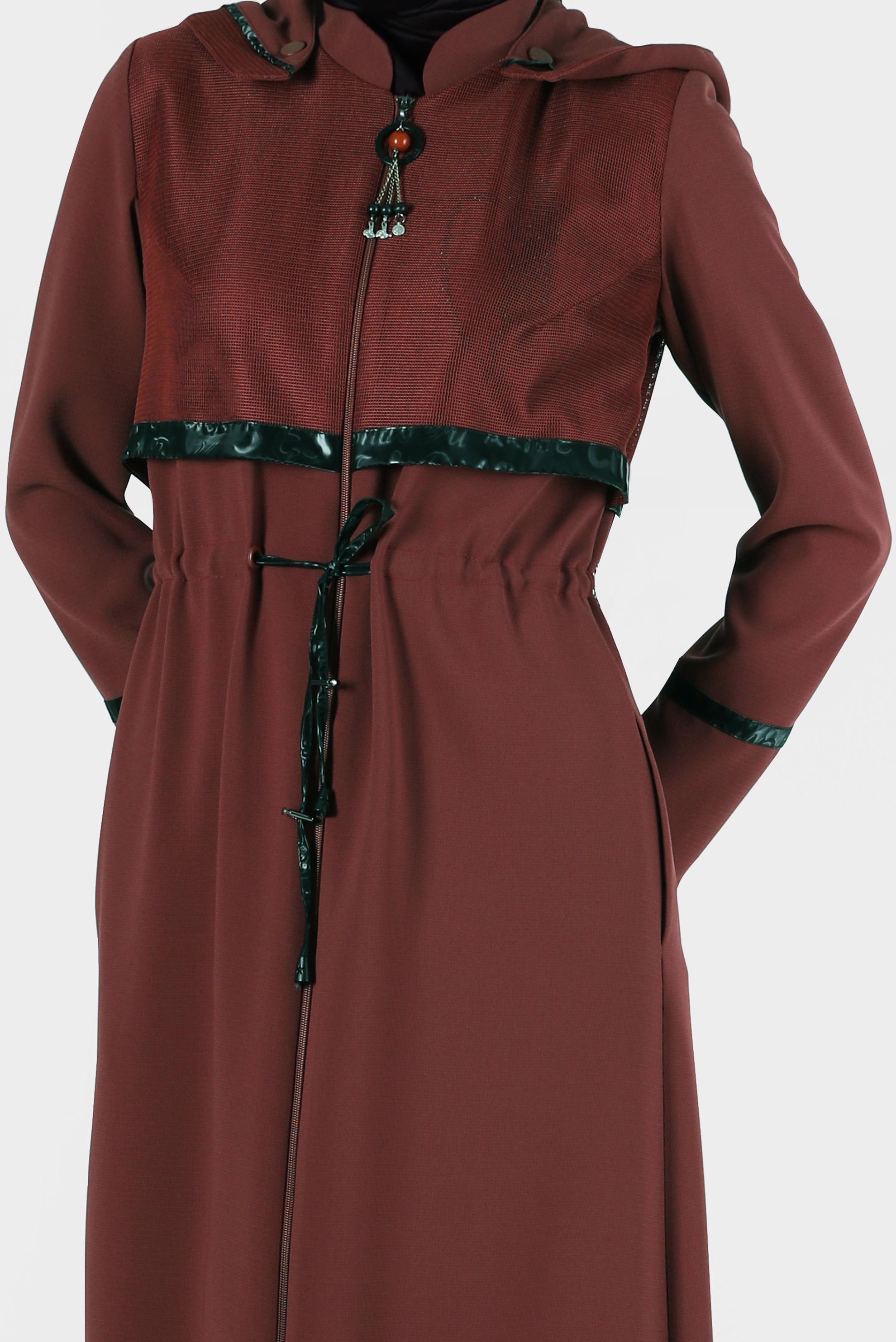 Tesettür giyim TURUNCU FİLE DETAYLI KAPÜŞONLU PARDESÜ 10520	