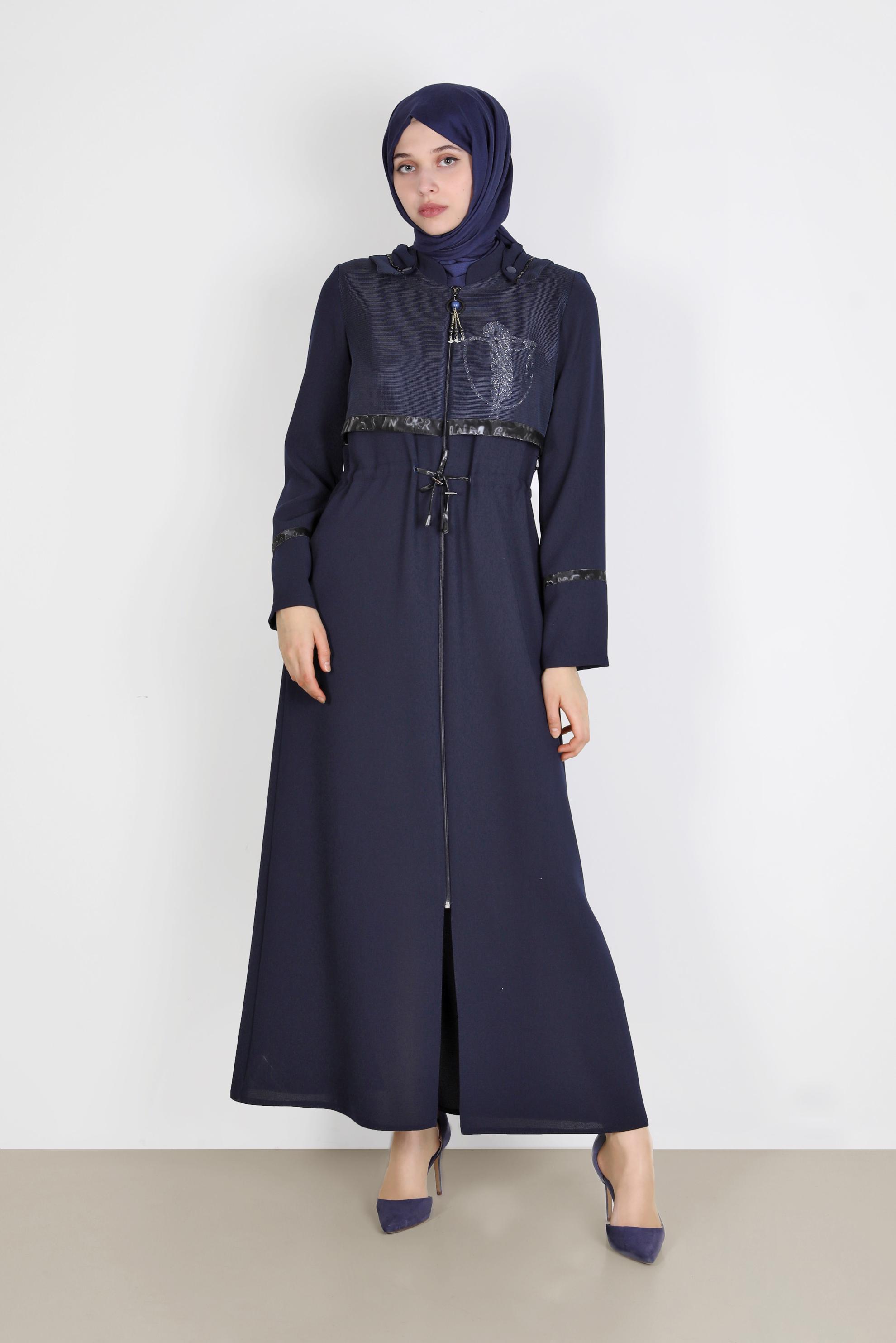 Tesettür giyim LACİVERT FİLE DETAYLI KAPÜŞONLU PARDESÜ 10520	