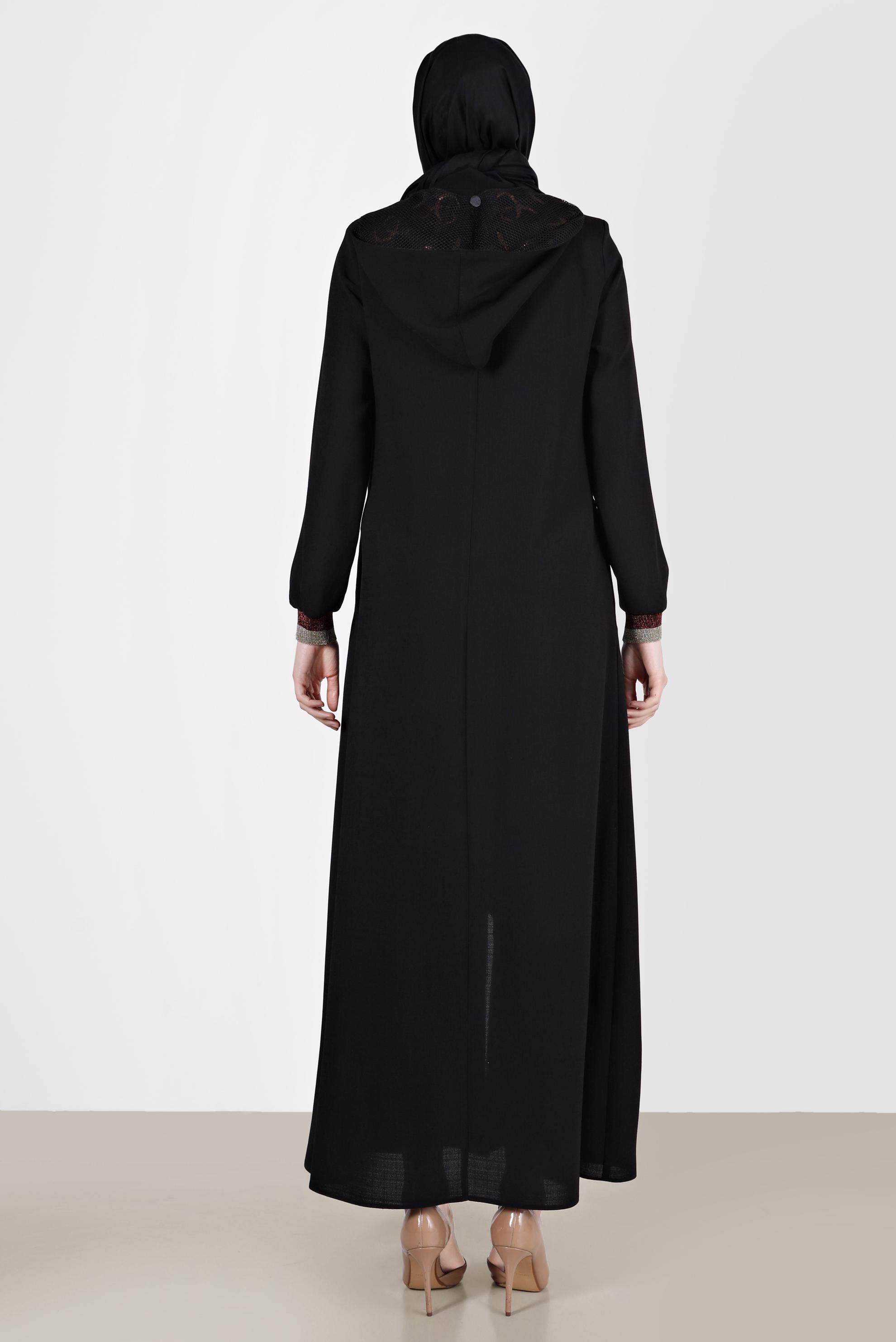 Tesettür giyim SİYAH TAŞ BASKILI KAPÜŞONLU PARDESÜ 10521 