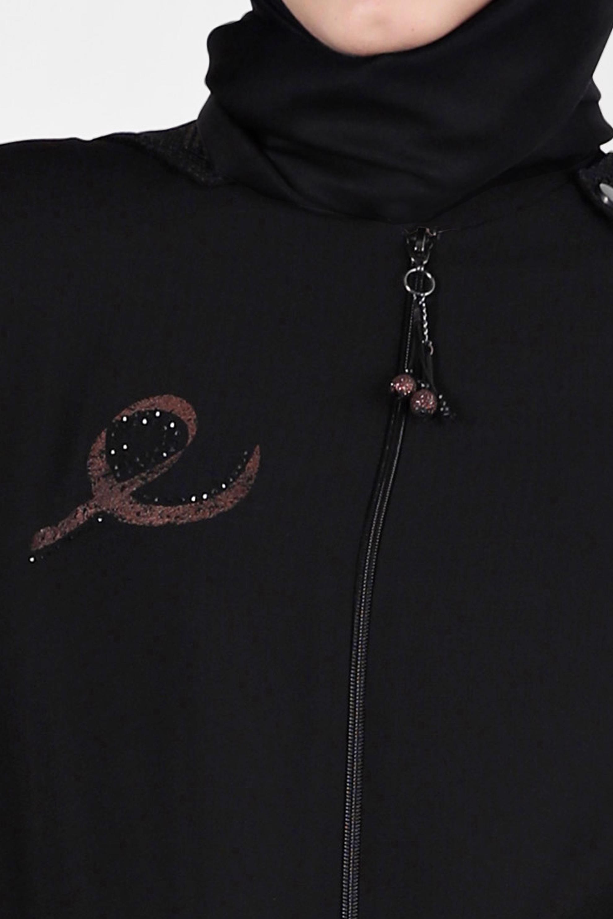 Tesettür giyim SİYAH TAŞ BASKILI KAPÜŞONLU PARDESÜ 10521 