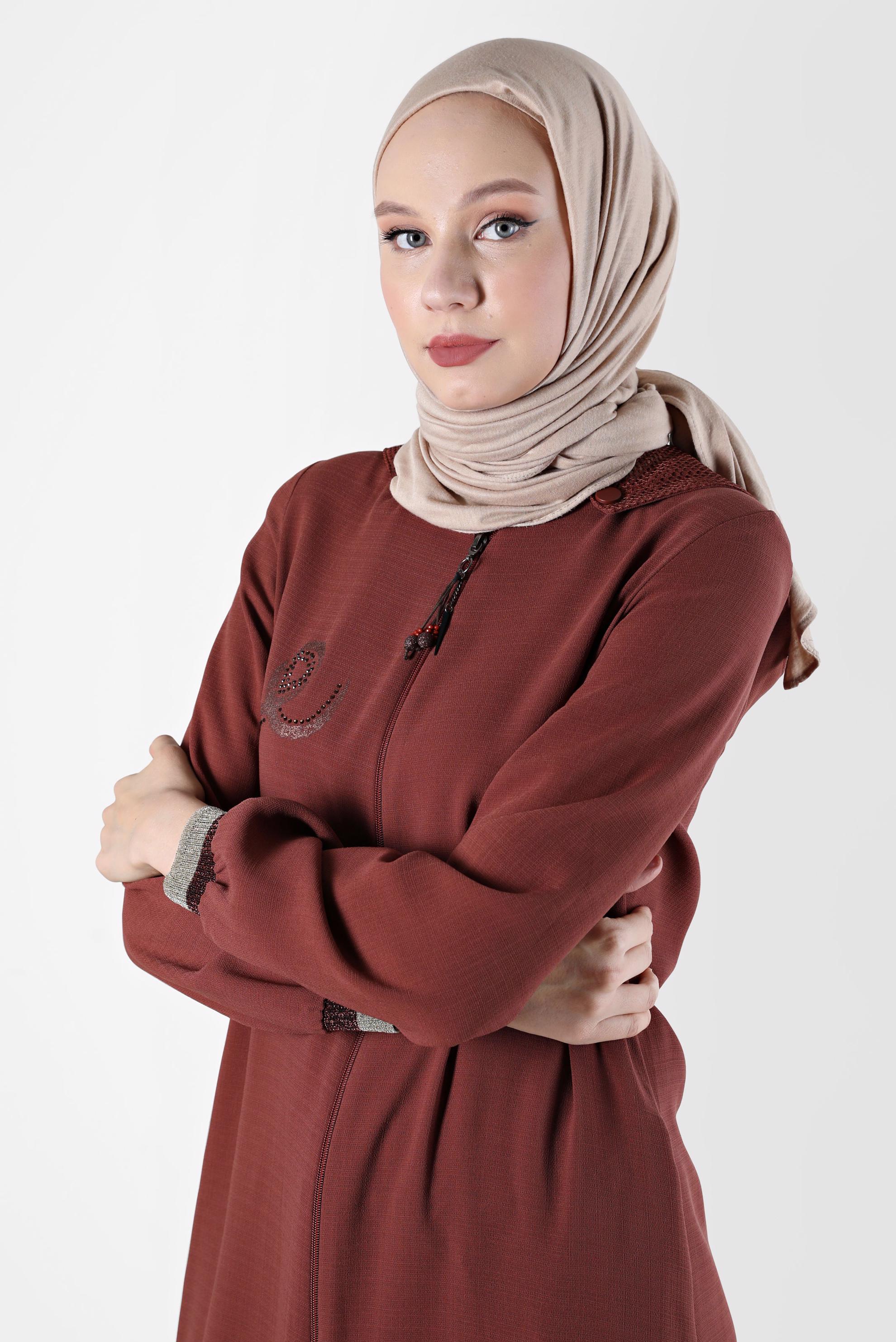 Tesettür giyim TURUNCU TAŞ BASKILI KAPÜŞONLU PARDESÜ 10521 